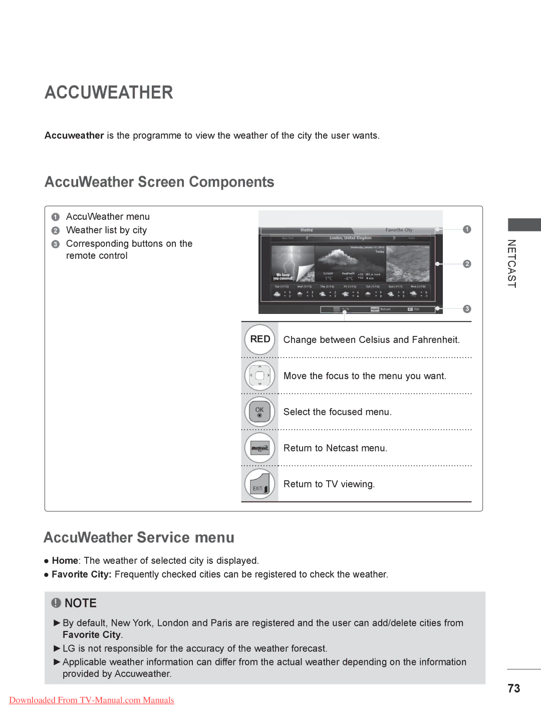 LG Electronics 50/60PK5**, 50/60PX9***, 42/47LX6***, 42/47LE73** Accuweather, AccuWeather menu, Weather list by city 