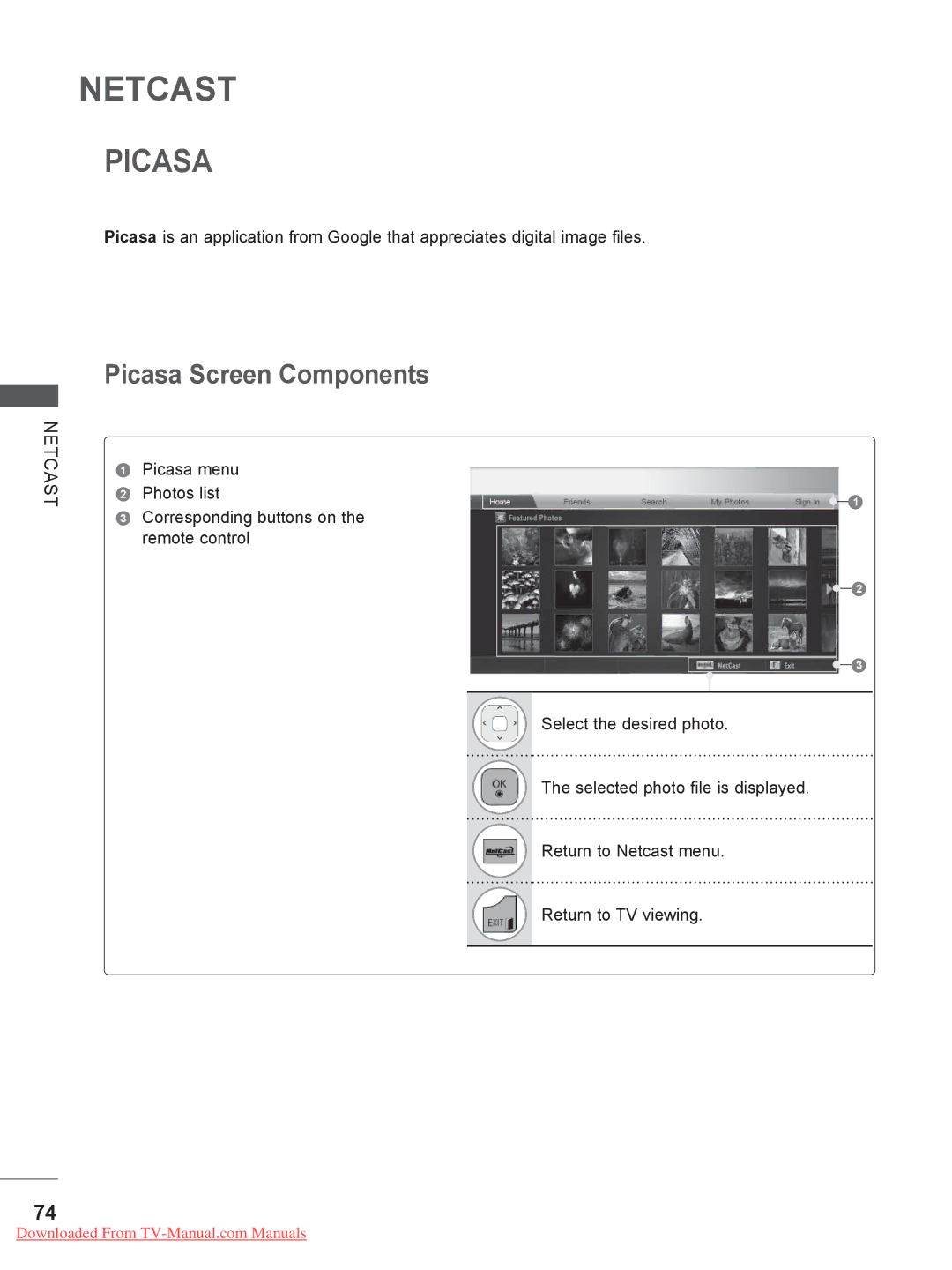 LG Electronics 50/60PK9***, 50/60PX9***, 42/47LX6***, 42/47LE73**, 32/37/42LD4 Picasa menu, Photos list, Remote control 