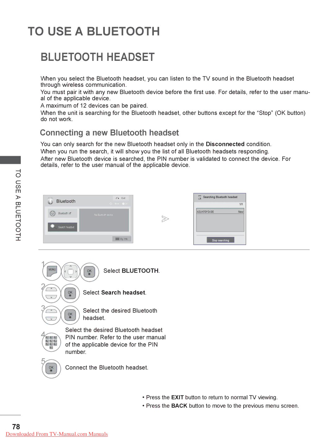 LG Electronics 42/47LE73** Bluetooth Headset, Connecting a new Bluetooth headset, Select Bluetooth Select Search headset 