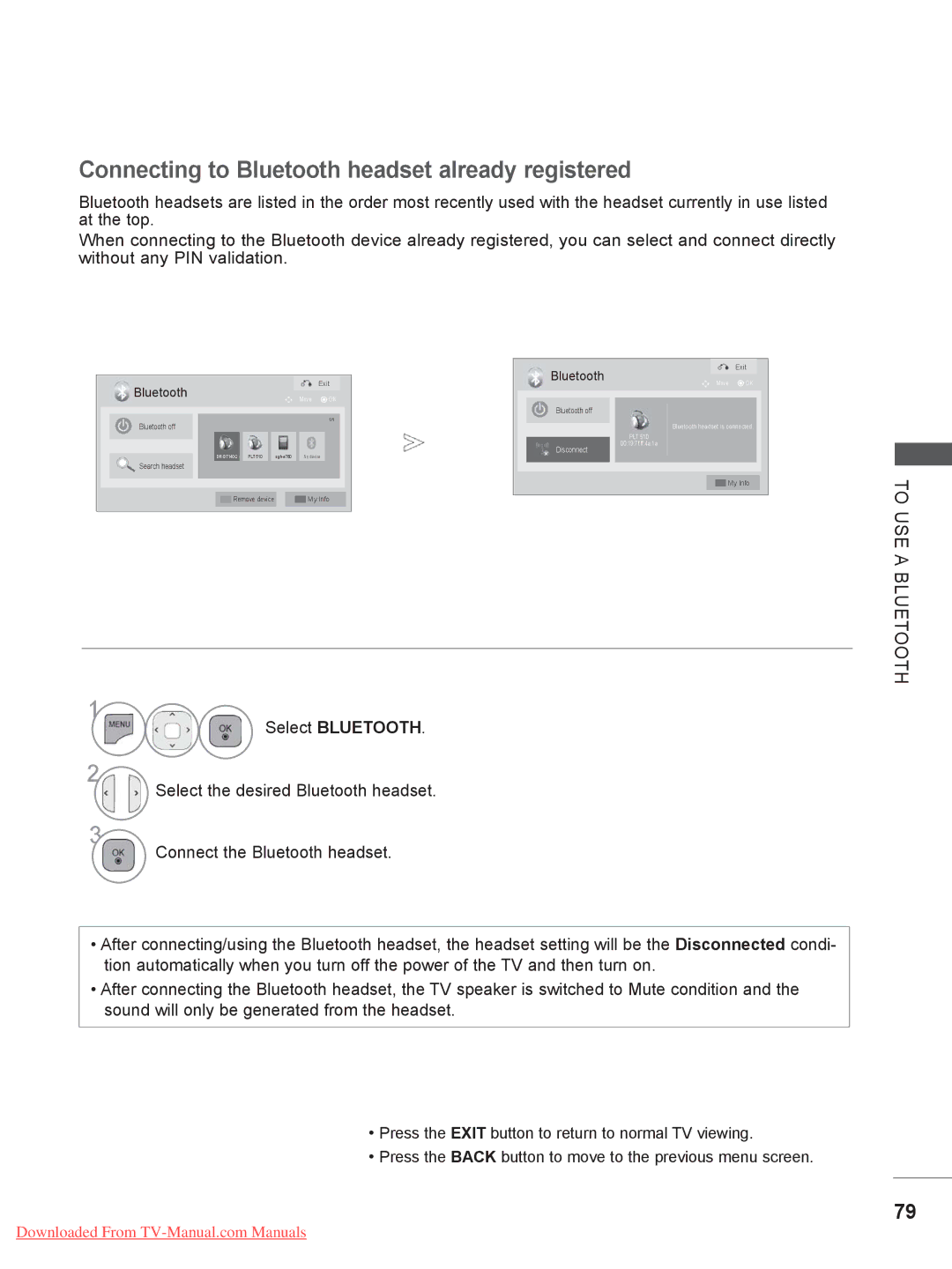 LG Electronics 42/47/55LE8***, 50/60PX9***, 50/60PK5 Connecting to Bluetooth headset already registered, Select Bluetooth 