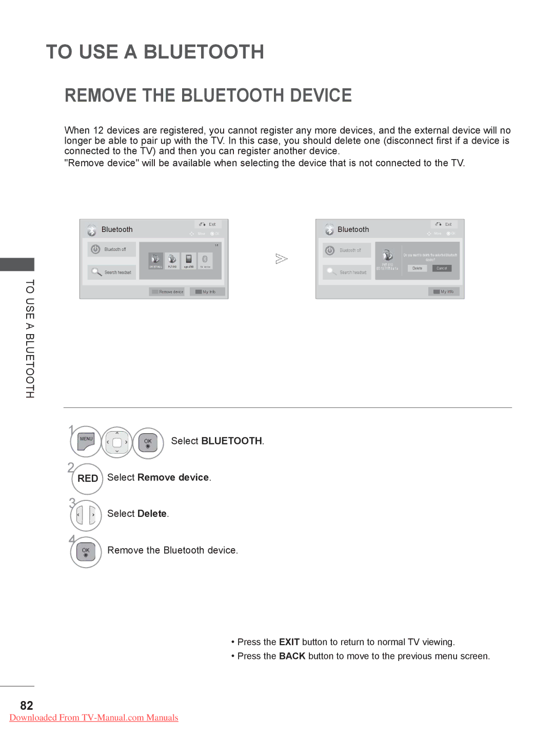 LG Electronics 32/37/42/47/55LE79**, 50/60PX9*** Remove the Bluetooth Device, Select Bluetooth RED Select Remove device 