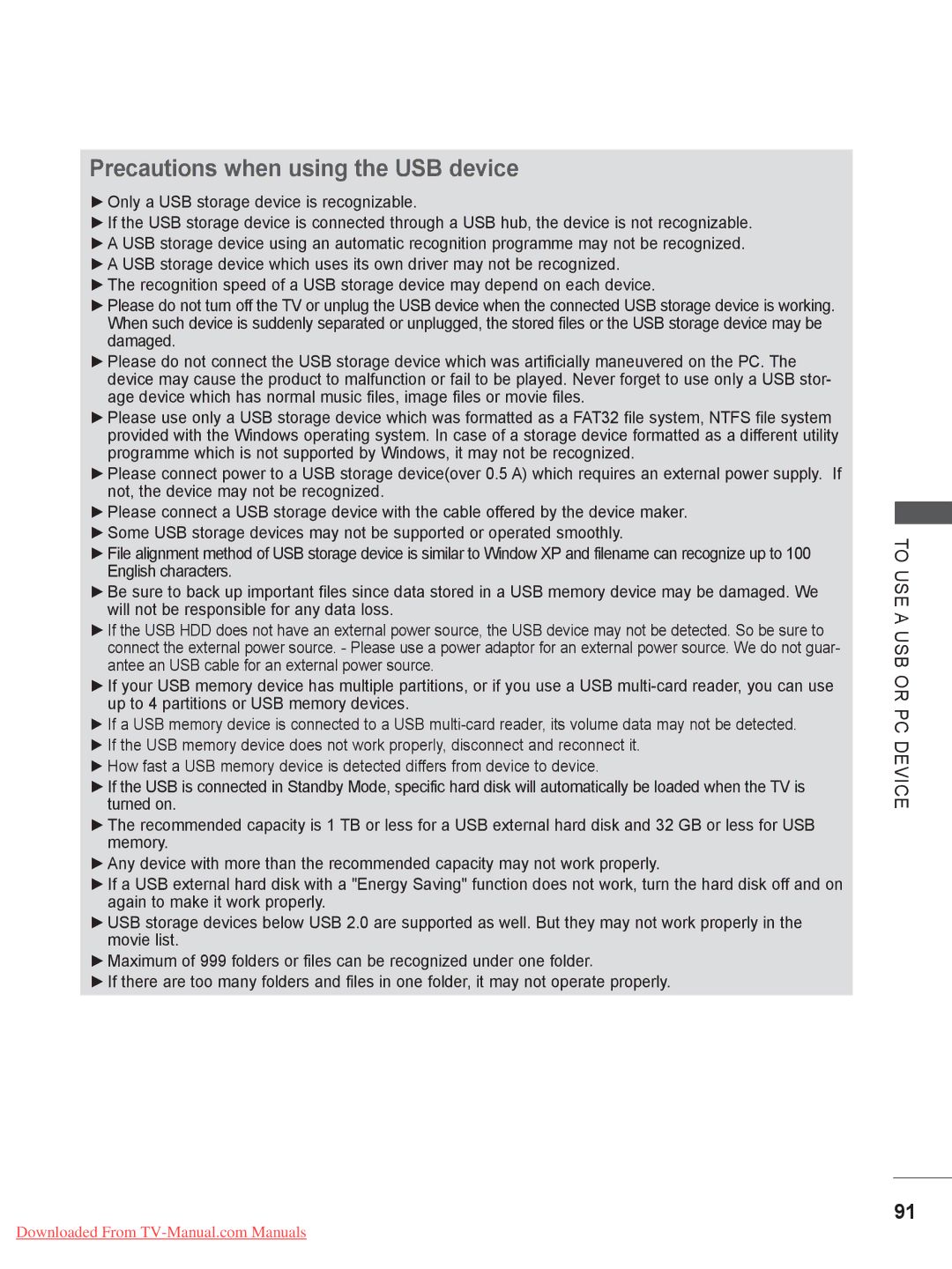 LG Electronics 47/55LX9***, 50/60PX9***, 42/47LX6*** Precautions when using the USB device, To USE a USB or PC Device 