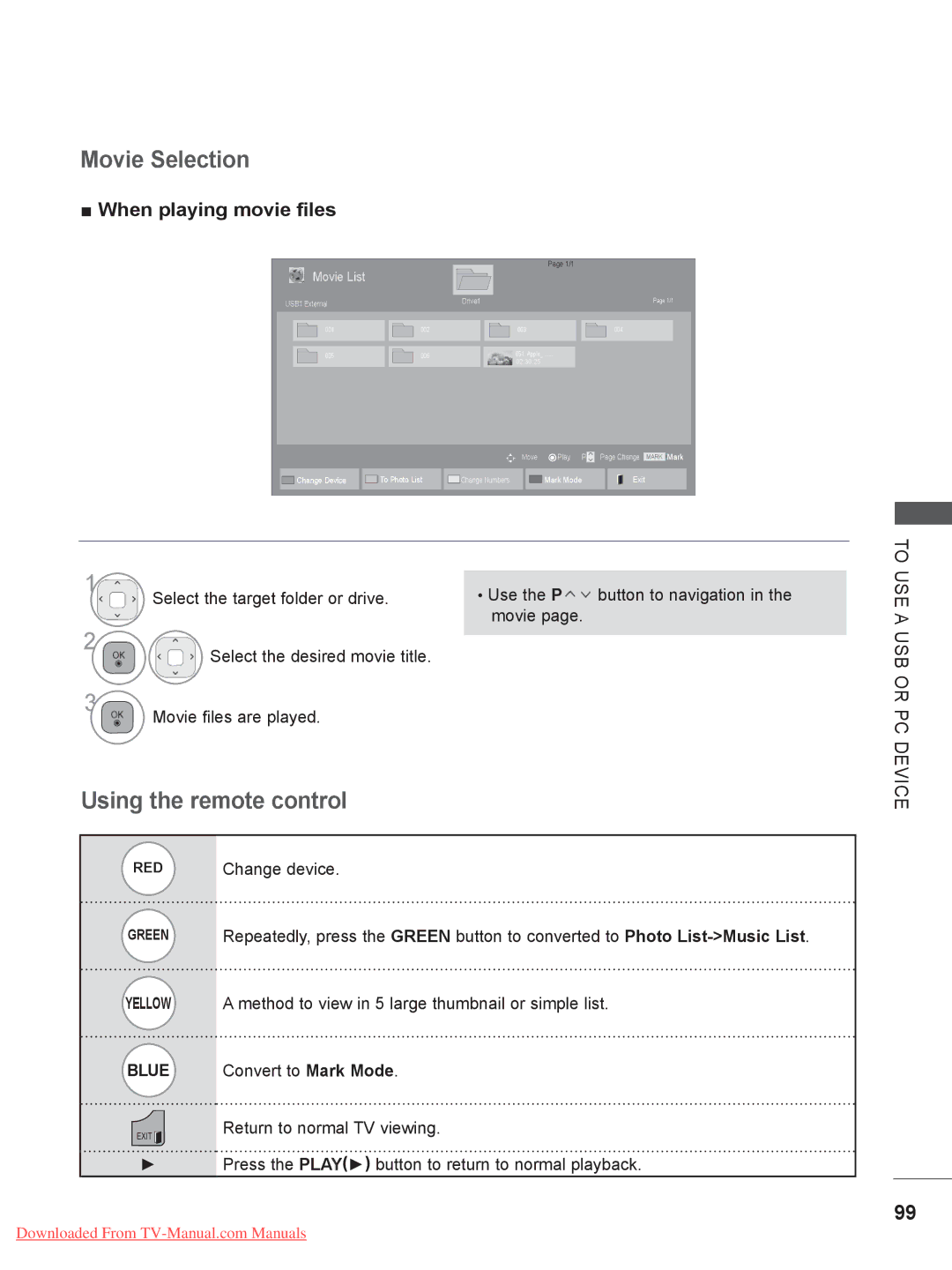 LG Electronics 42/47/55LE8***, 50/60PK5 Movie Selection, Using the remote control, When playing movie files, Change device 