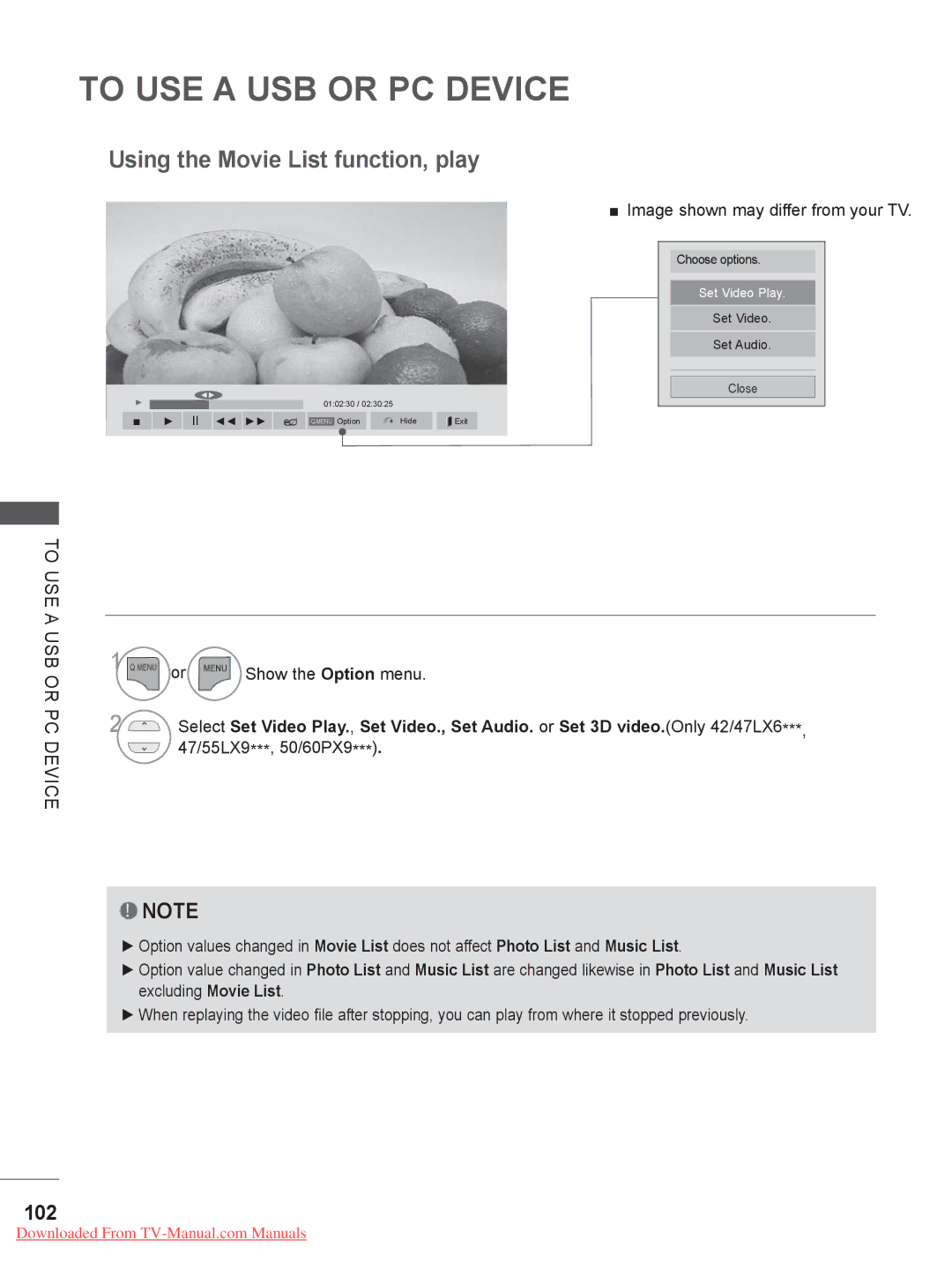 LG Electronics 32/37/42/47/55LE79**, 50/60PX9*** Using the Movie List function, play, 102, Or Show the Option menu 
