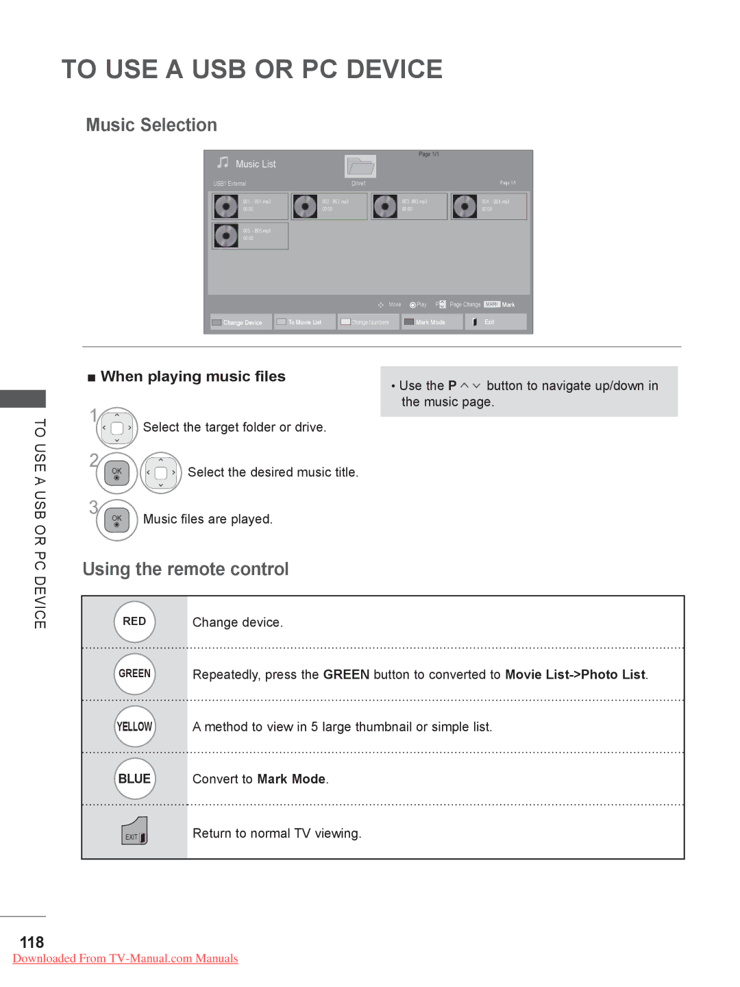 LG Electronics 42/47LE73**, 50/60PX9***, 42/47LX6***, 42/47/55LE8***, 50/60PK5 Music Selection, 118, When playing music files 