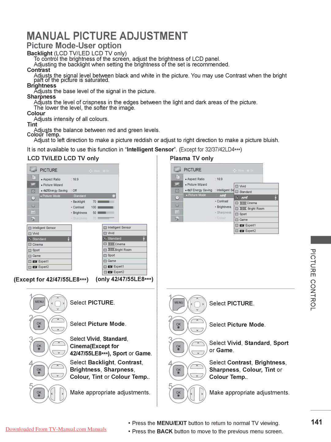 LG Electronics 32/37/42LD4, 50/60PX9***, 42/47LX6***, 42/47LE73** Manual Picture Adjustment, Picture Mode-User option, 141 