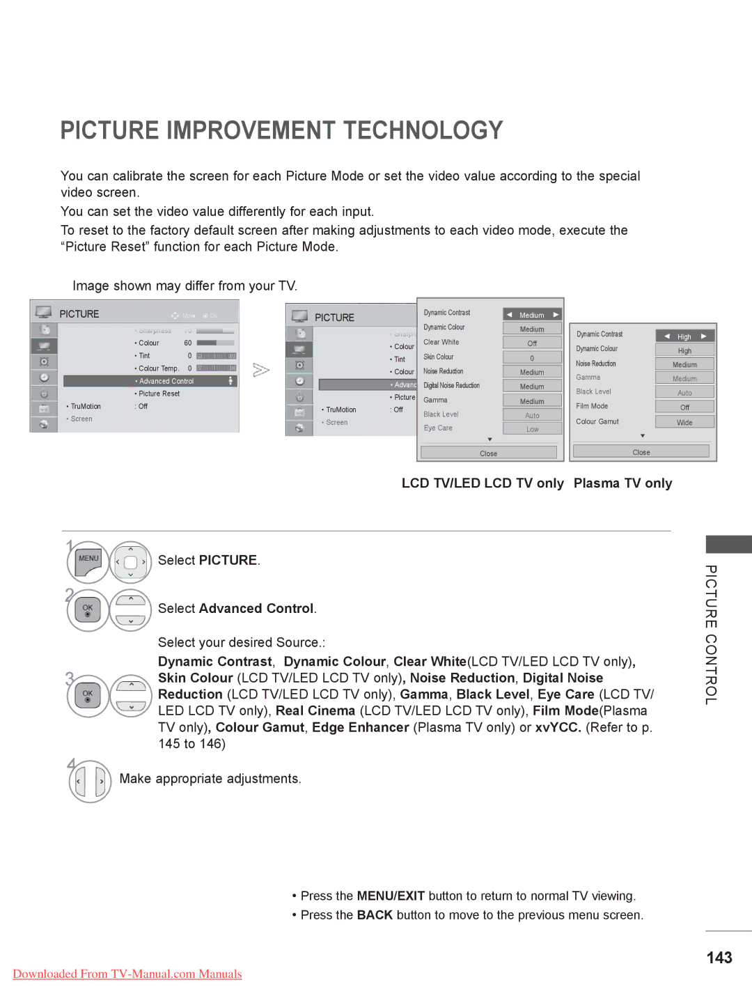 LG Electronics 32/37/42/47/55LE78**, 50/60PX9***, 42/47LX6*** Picture Improvement Technology, 143, Select Advanced Control 