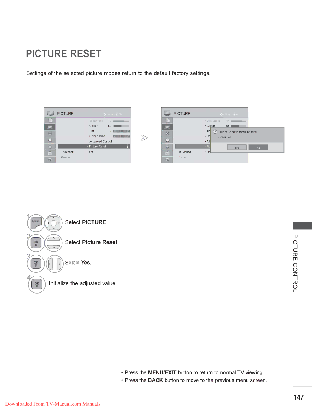 LG Electronics 32/37/42LD4***, 50/60PX9***, 42/47LX6*** 147, Select Picture Reset, Initialize the adjusted value 