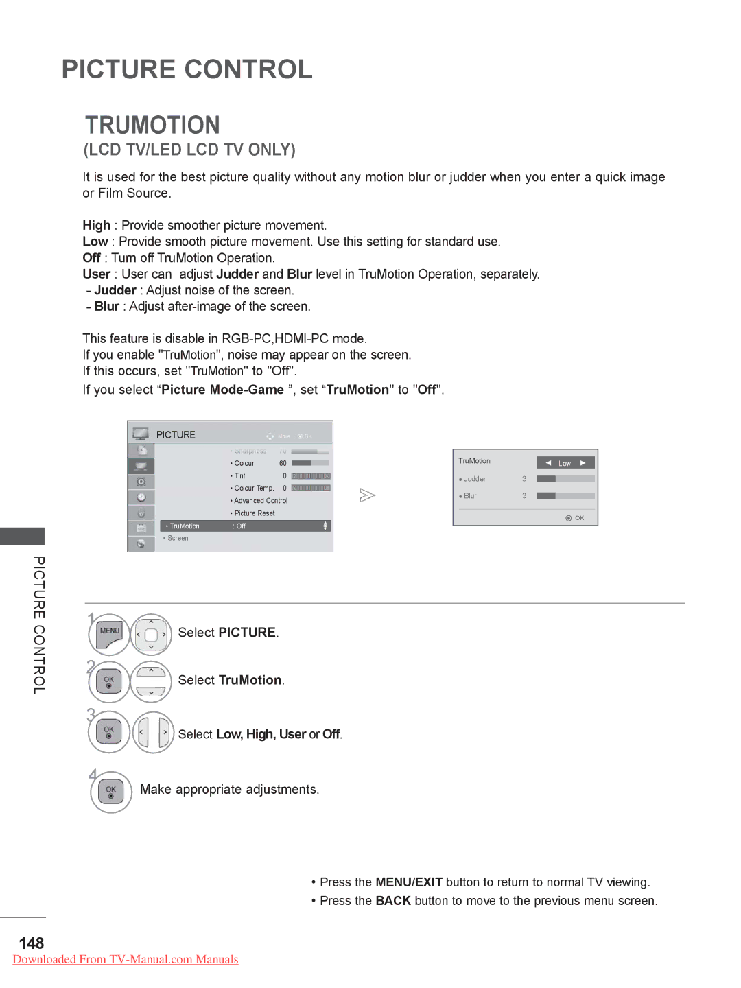 LG Electronics 32/37/42/47/55LD6***, 50/60PX9***, 50/60PK5 Trumotion, 148, Select TruMotion Select Low, High, User or Off 