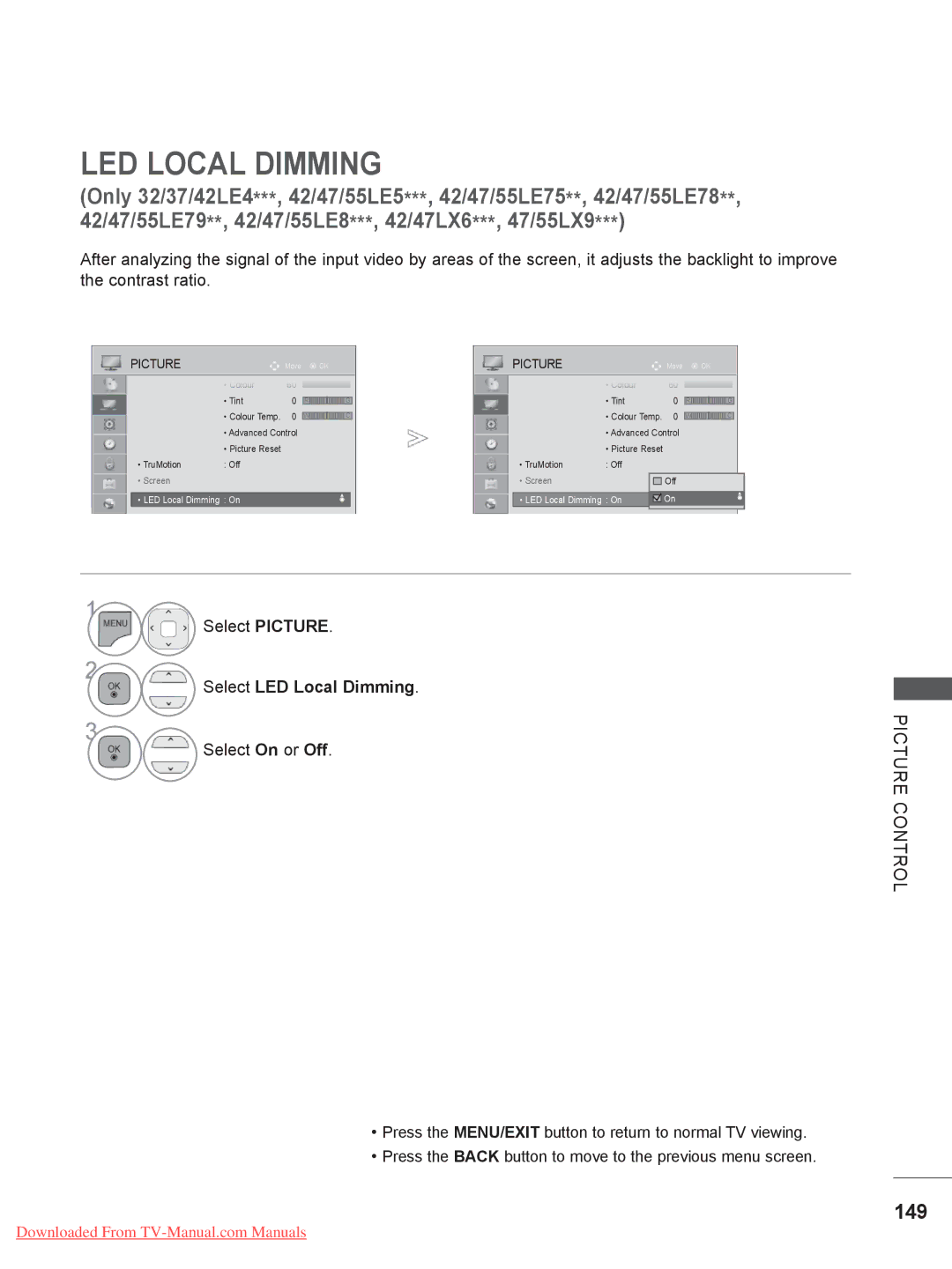 LG Electronics 32/37/42/47/55LE5***, 50/60PX9***, 42/47LX6***, 42/47LE73**, 42/47/55LE8*** 149, Select LED Local Dimming 