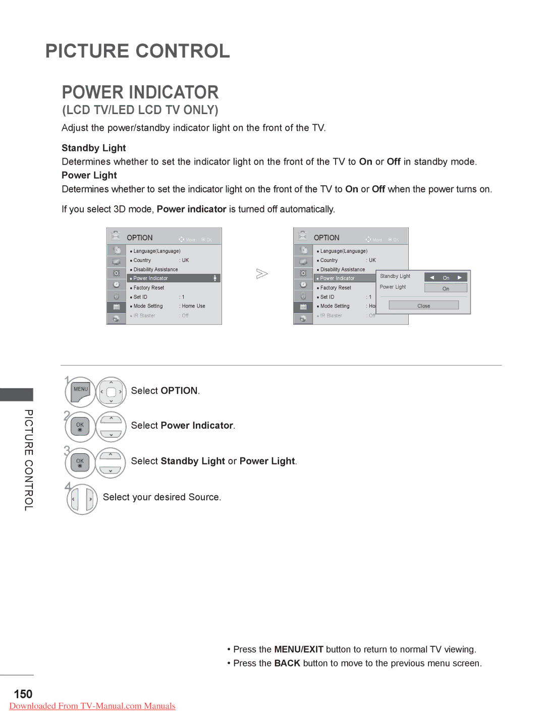 LG Electronics 32/37/42/47/55LE75**, 50/60PX9***, 42/47LX6***, 42/47LE73** Power Indicator, 150, Standby Light, Power Light 