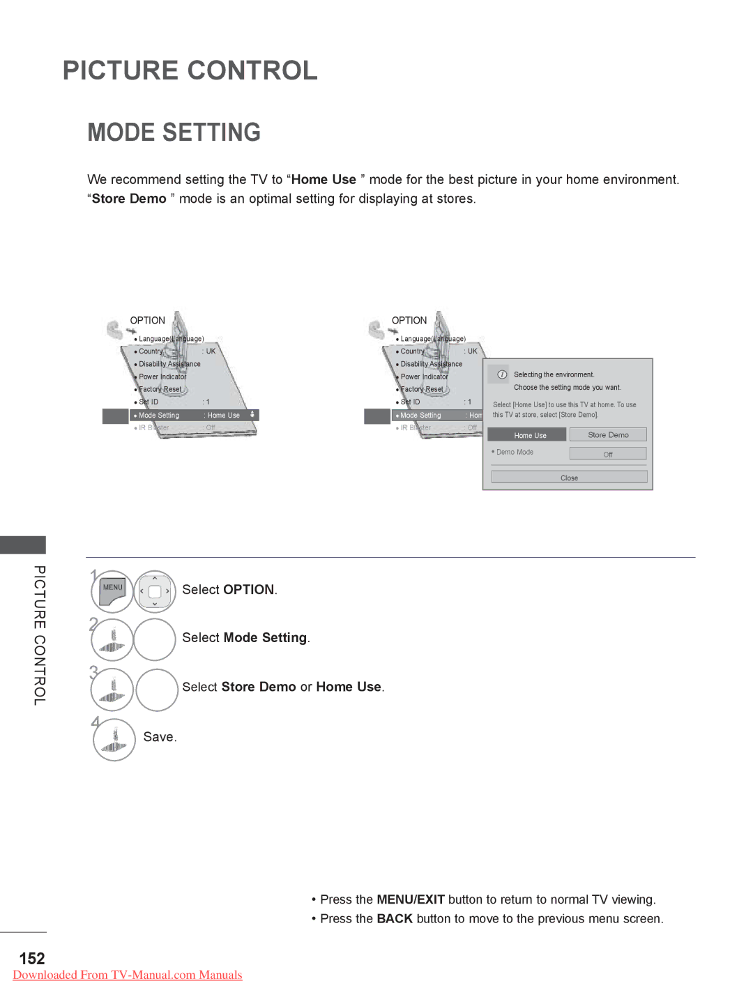 LG Electronics 50/60PK5, 50/60PX9***, 42/47LX6***, 42/47LE73** 152, Select Mode Setting Select Store Demo or Home Use 