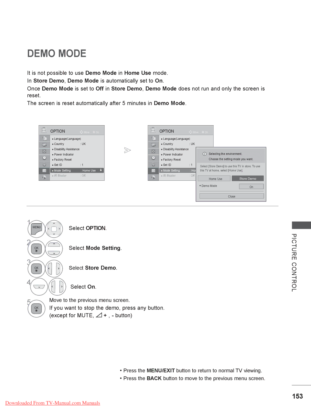 LG Electronics 50/60PK5** Demo Mode, 153, Select Mode Setting Select Store Demo, Select On, Except for MUTE, + , button 