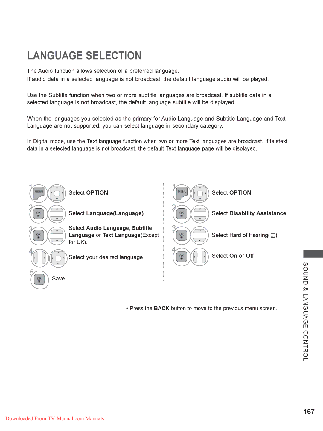 LG Electronics 32/37/42LD4***, 50/60PX9*** Language Selection, 167, Select LanguageLanguage, Select Hard of Hearing 