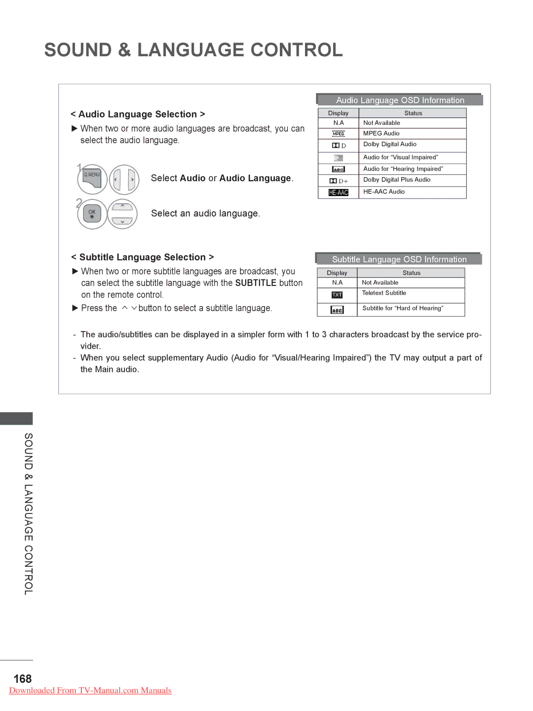 LG Electronics 32/37/42/47/55LD6*** 168, Audio Language Selection, Select an audio language, Subtitle Language Selection 