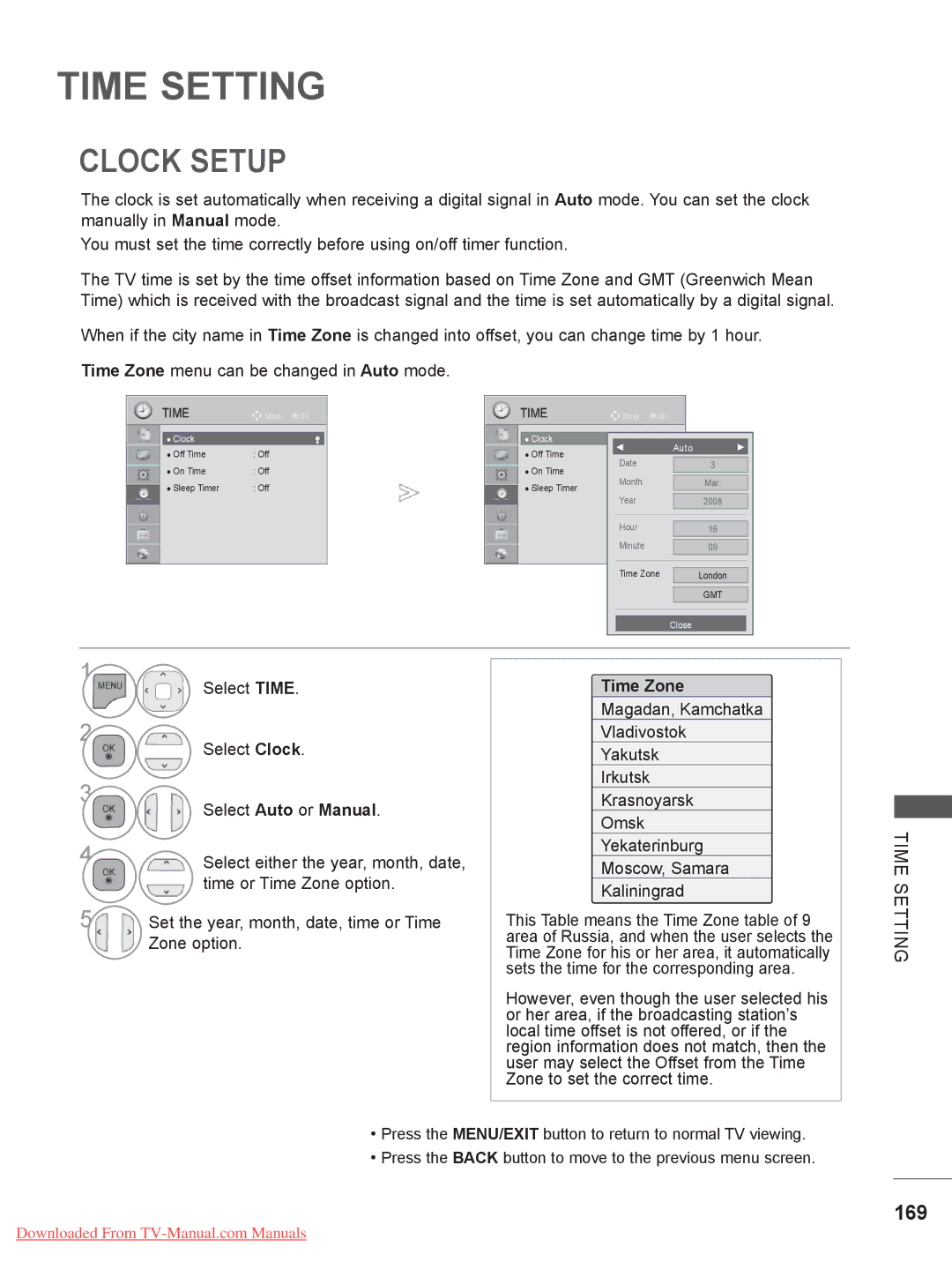 LG Electronics 32/37/42/47/55LE5***, 50/60PX9***, 42/47LX6*** Clock Setup, 169, Select Time, Time Zone, Time Setting 