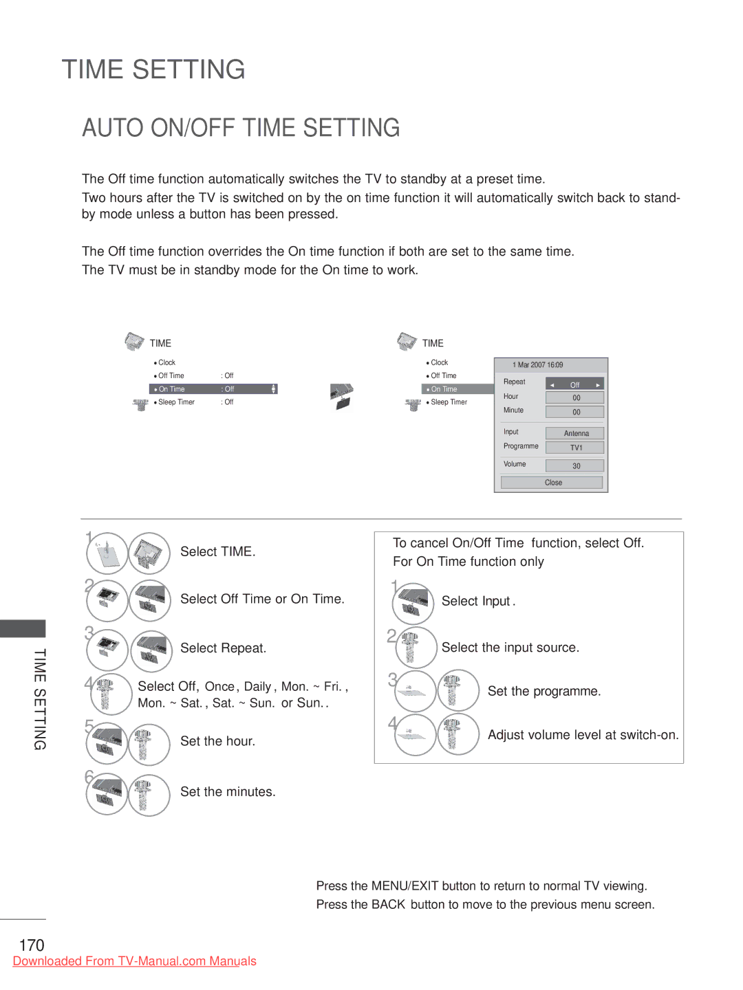 LG Electronics 32/37/42/47/55LE75**, 50/60PX9***, 42/47LX6*** Auto ON/OFF Time Setting, 170, Select Off Time or On Time 