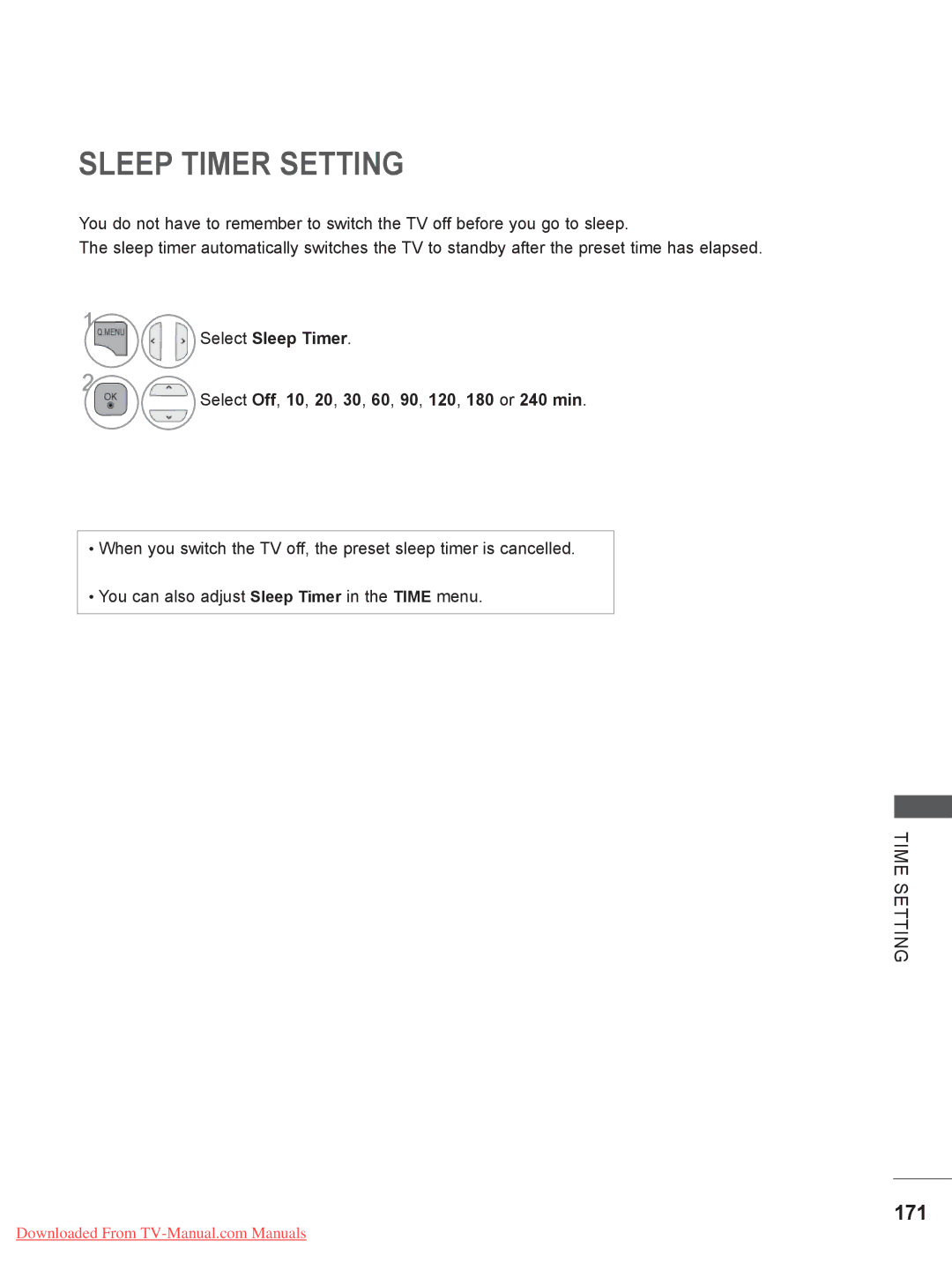 LG Electronics 47/55LX9***, 50/60PX9***, 42/47LX6***, 42/47LE73**, 42/47/55LE8***, 32/42/47LD7*** Sleep Timer Setting, 171 