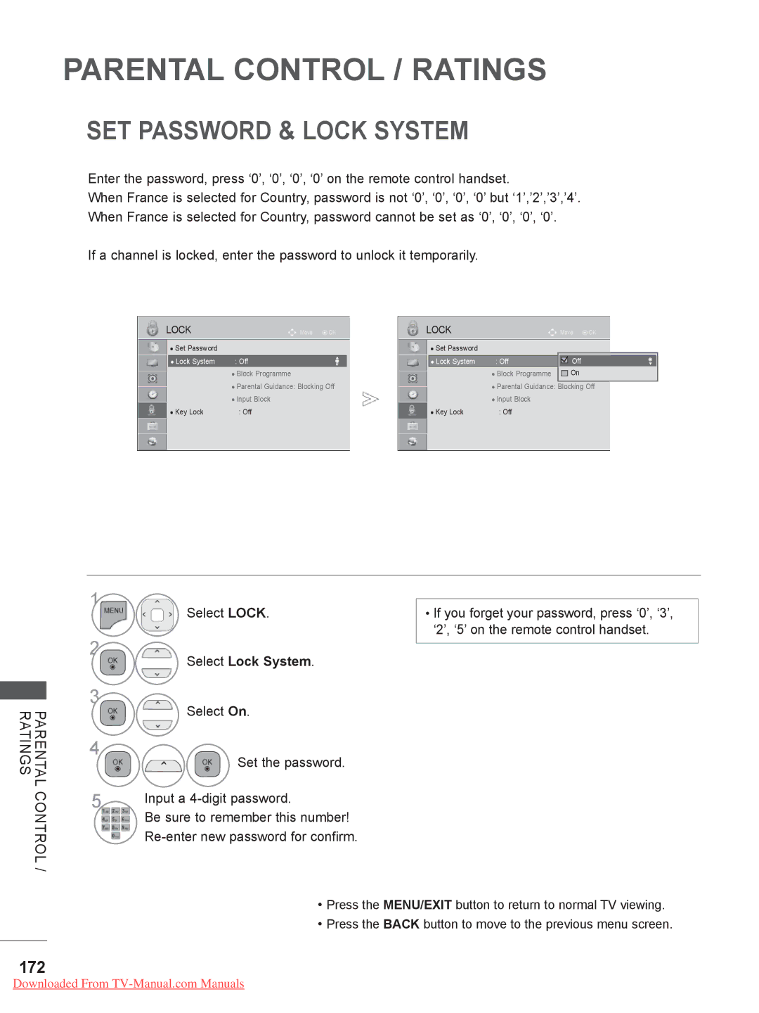 LG Electronics 50/60PK5, 50/60PX9*** SET Password & Lock System, 172, Parental Control / Ratings, Select Lock System 