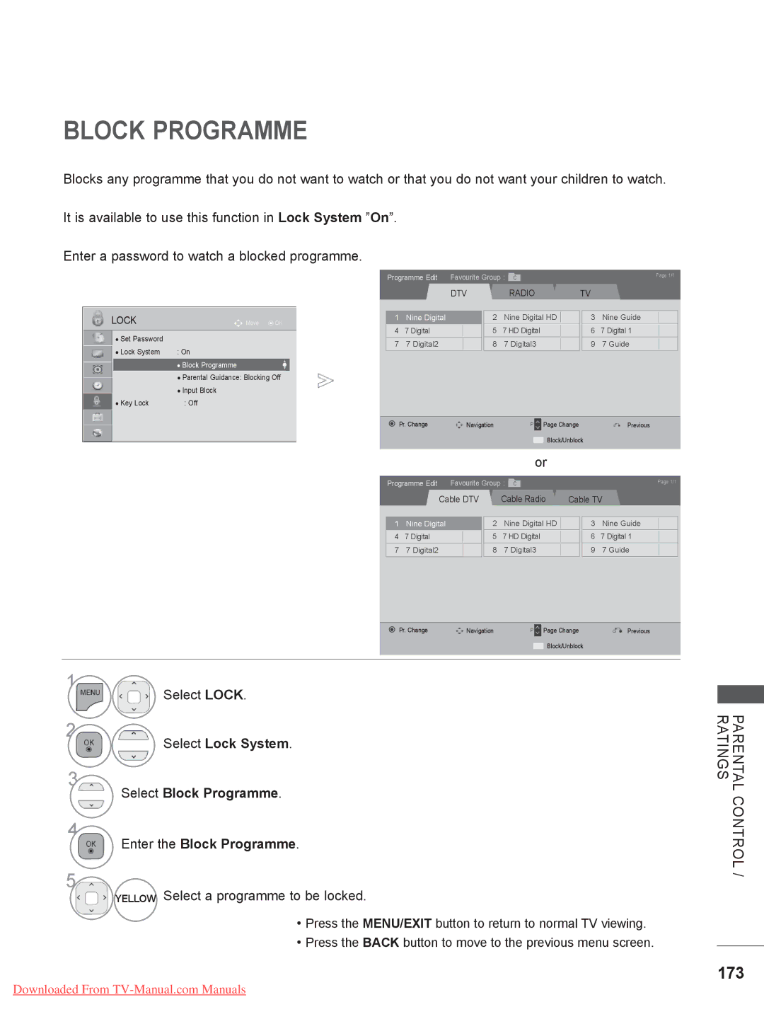 LG Electronics 50/60PK5**, 50/60PX9***, 42/47LX6*** 173, Select Lock, Select Block Programme Enter the Block Programme 