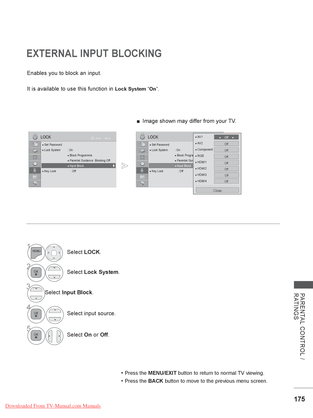 LG Electronics 50/60PK7***, 50/60PX9***, 42/47LX6*** External Input Blocking, 175, Select Lock System Select Input Block 