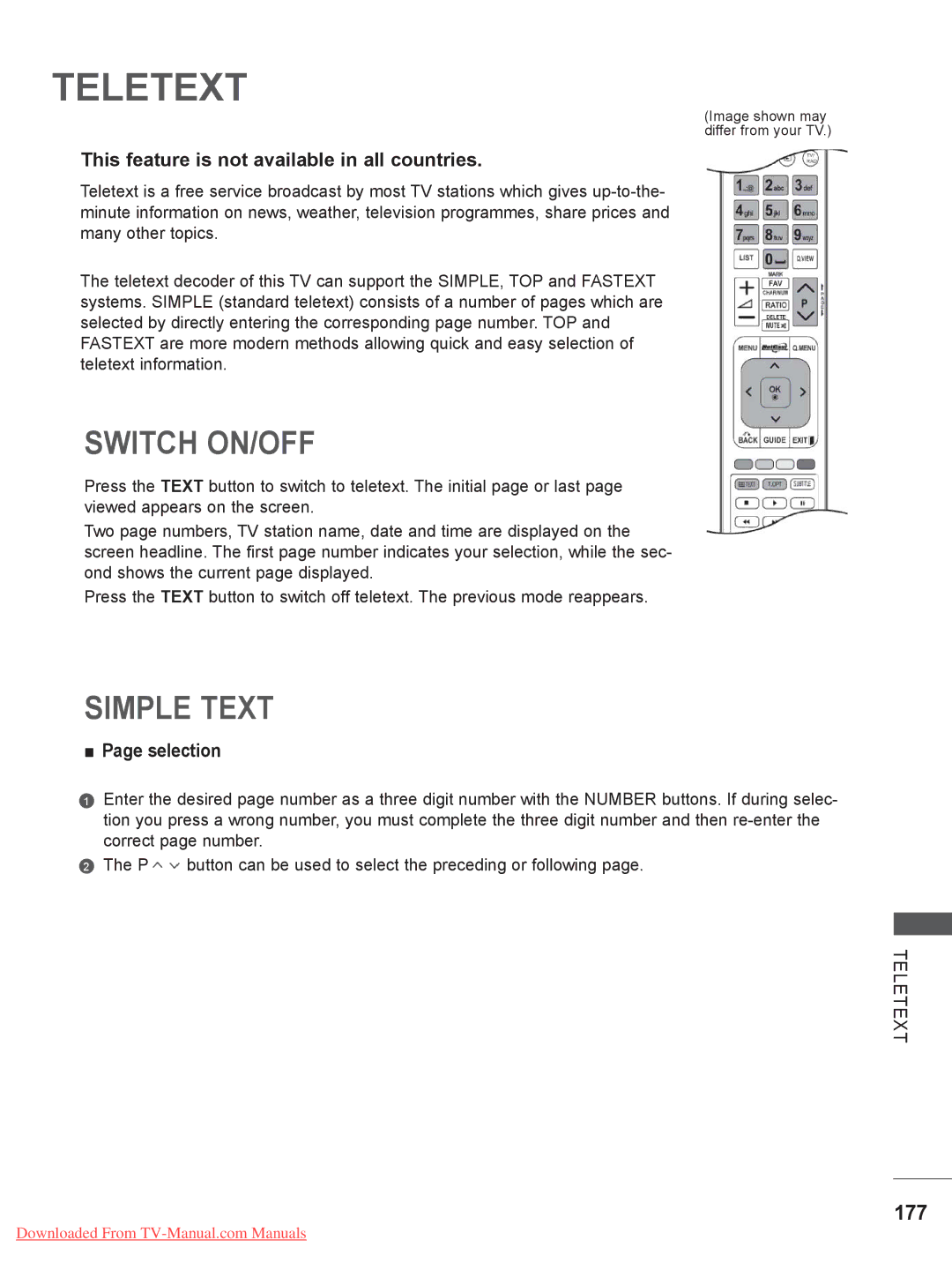 LG Electronics 42/47LX6*** Switch ON/OFF, Simple Text, 177, This feature is not available in all countries, Selection 