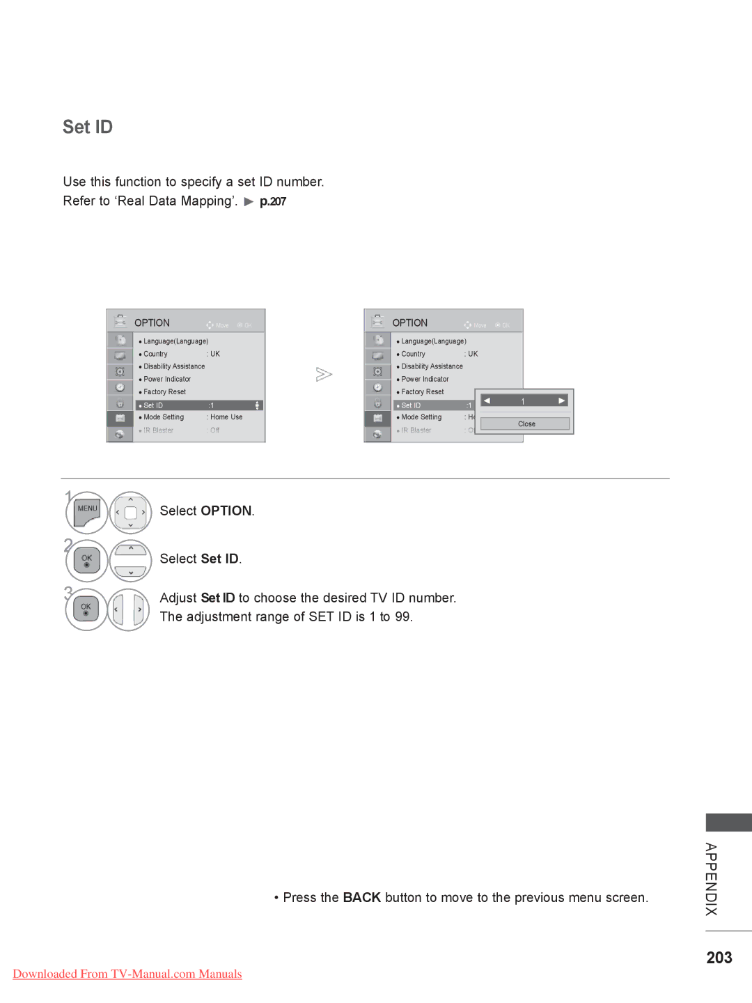 LG Electronics 32/37/42/47/55LE78**, 50/60PX9***, 42/47LX6***, 42/47LE73**, 32/37/42LD4 203, Select Option Select Set ID 