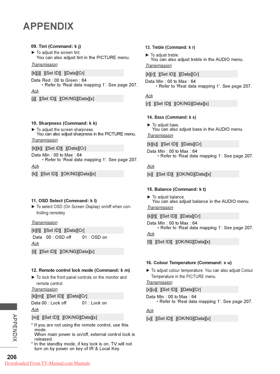 LG Electronics 32/37/42LE4, 50/60PX9***, 42/47LX6***, 42/47LE73**, 42/47/55LE8***, 32/42/47LD7*** 206, Tint Command k j 