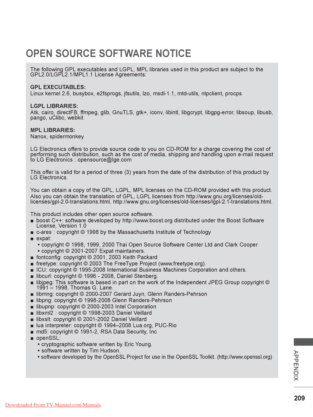 LG Electronics 32/37/42/47/55LE5***, 50/60PX9***, 42/47LX6***, 42/47LE73**, 42/47/55LE8*** Open Source Software Notice, 209 