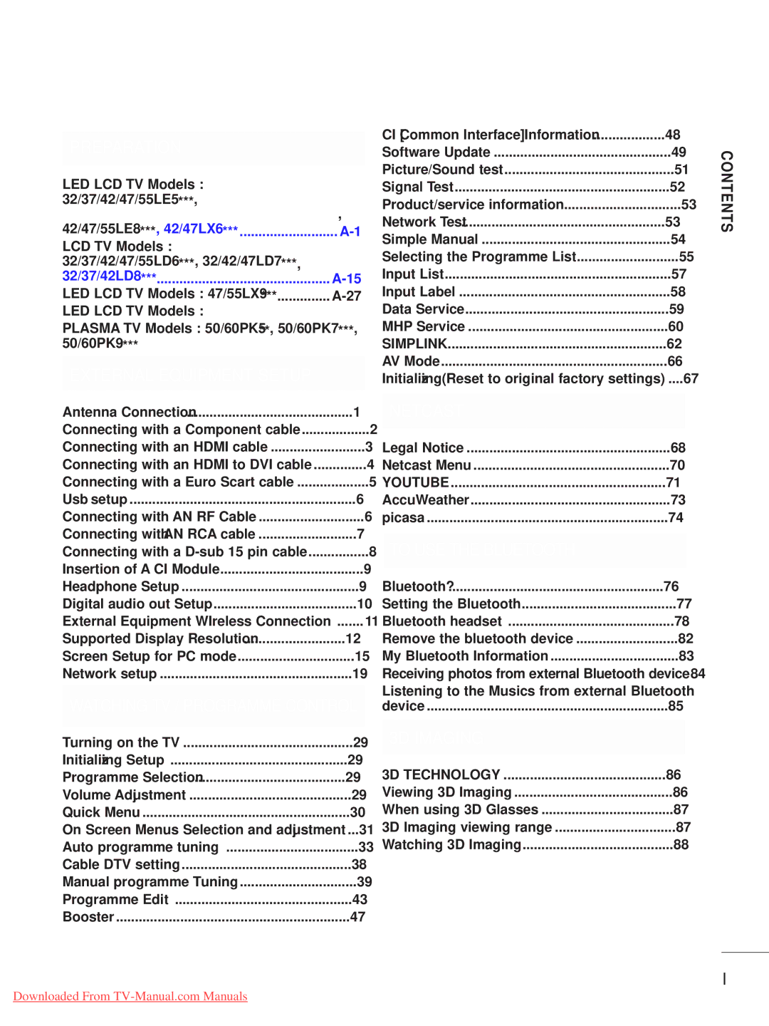 LG Electronics 42/47/55LE8***, 50/60PX9***, 42/47LX6***, 42/47LE73**, 32/42/47LD7***, 32/37/42LD4, 32/37/42LE4*** Contents 