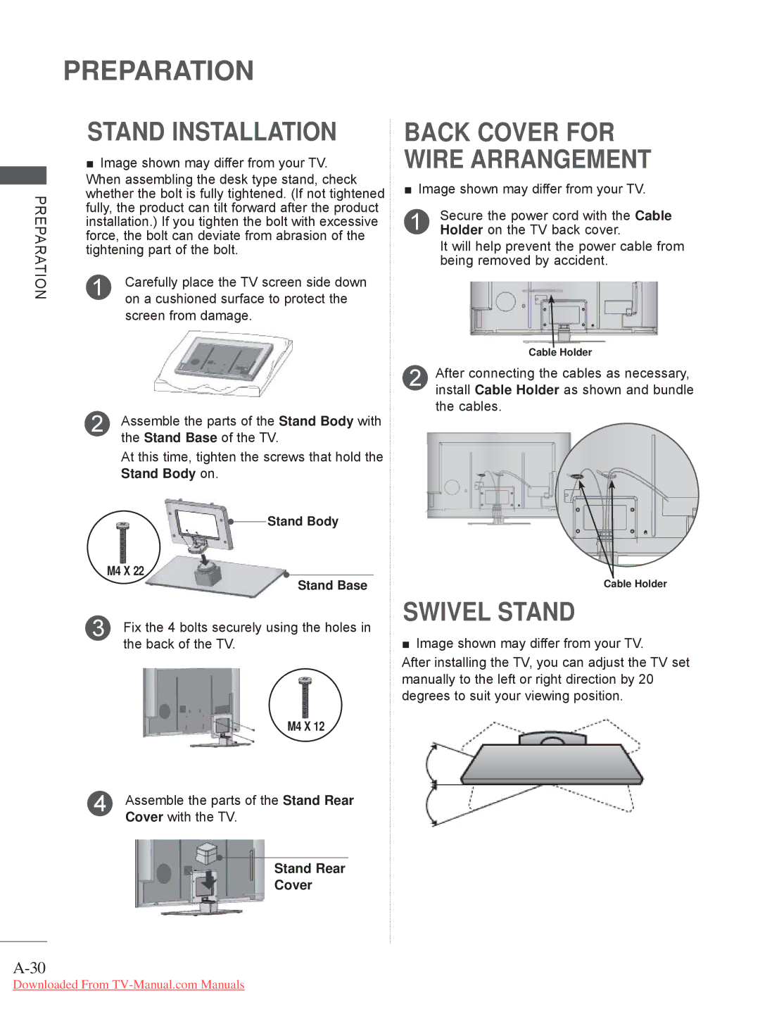 LG Electronics 32/37/42/47/55LE75**, 50/60PK5 Stand Body on, Fix the 4 bolts securely using the holes, Cover with the TV 