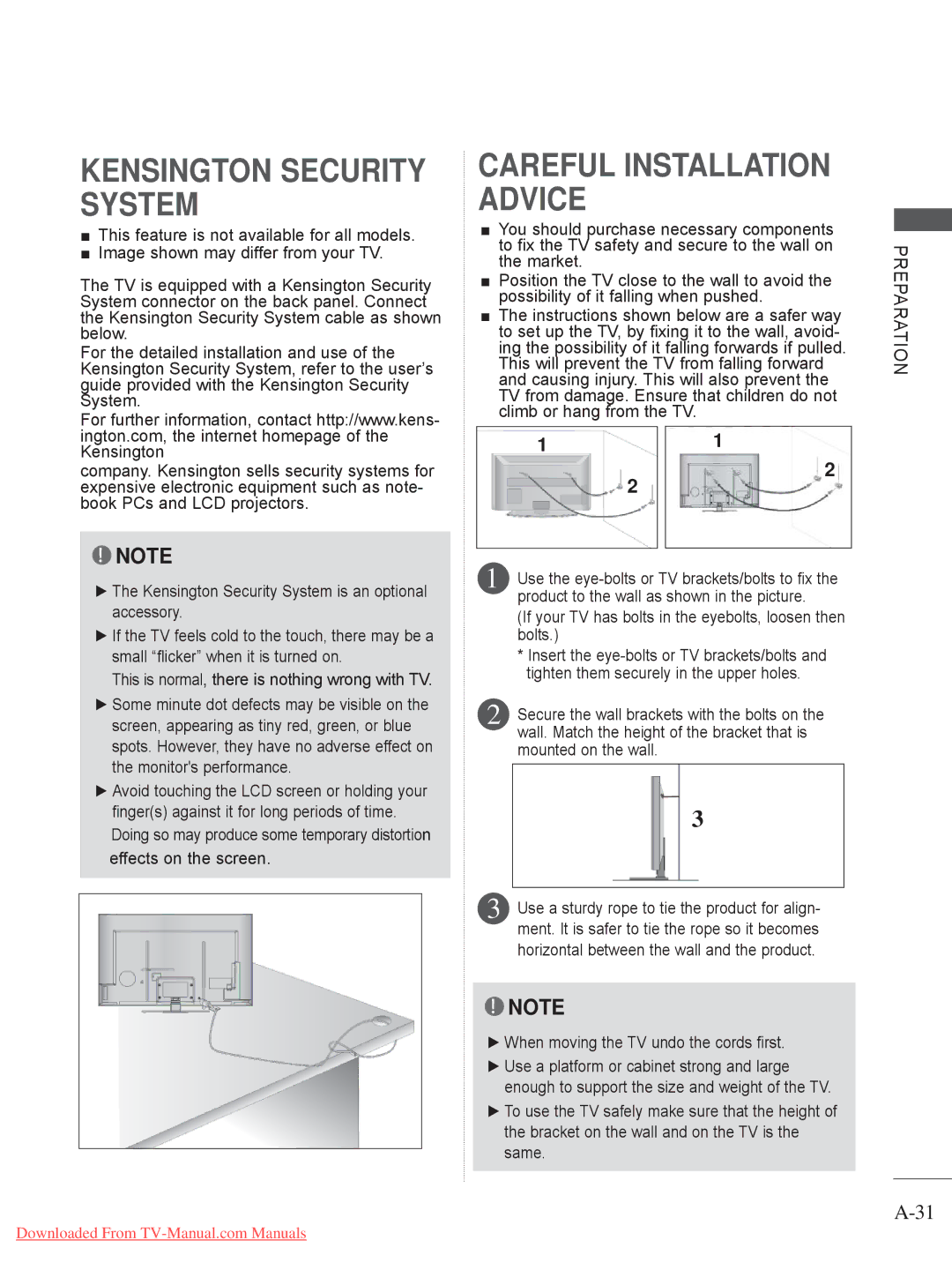 LG Electronics 47/55LX9***, 50/60PX9***, 50/60PK5 Kensington Security System, Product to the wall as shown in the picture 