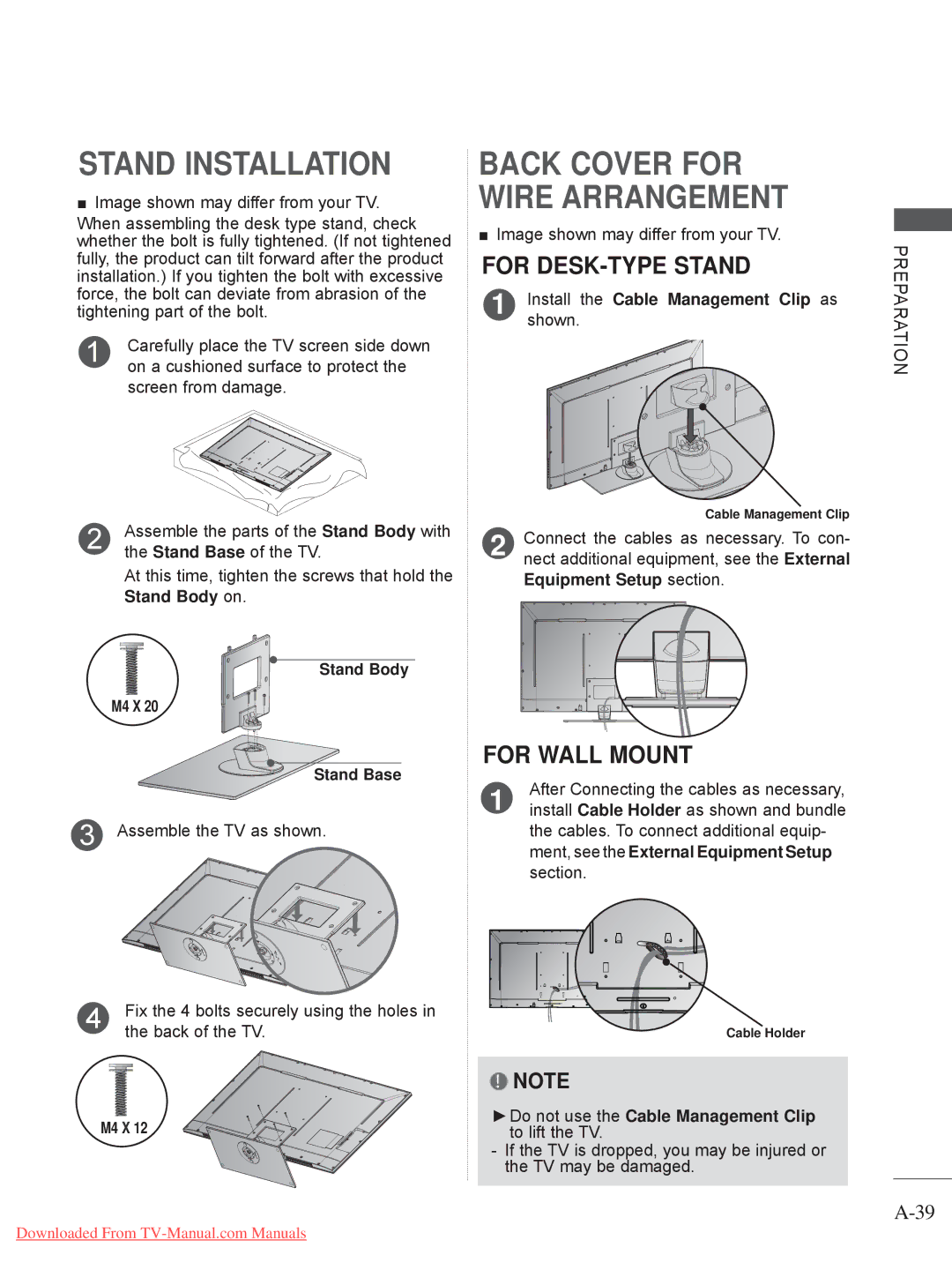 LG Electronics 42/47/55LE8***, 50/60PX9*** Install the Cable Management Clip as, Equipment Setup section, To lift the TV 