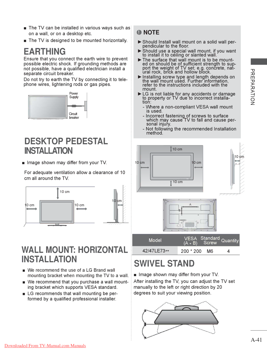 LG Electronics 32/37/42LD4, 50/60PX9***, 42/47LX6***, 42/47LE73**, 42/47/55LE8***, 32/42/47LD7*** Earthing, 42/47LE73 200 