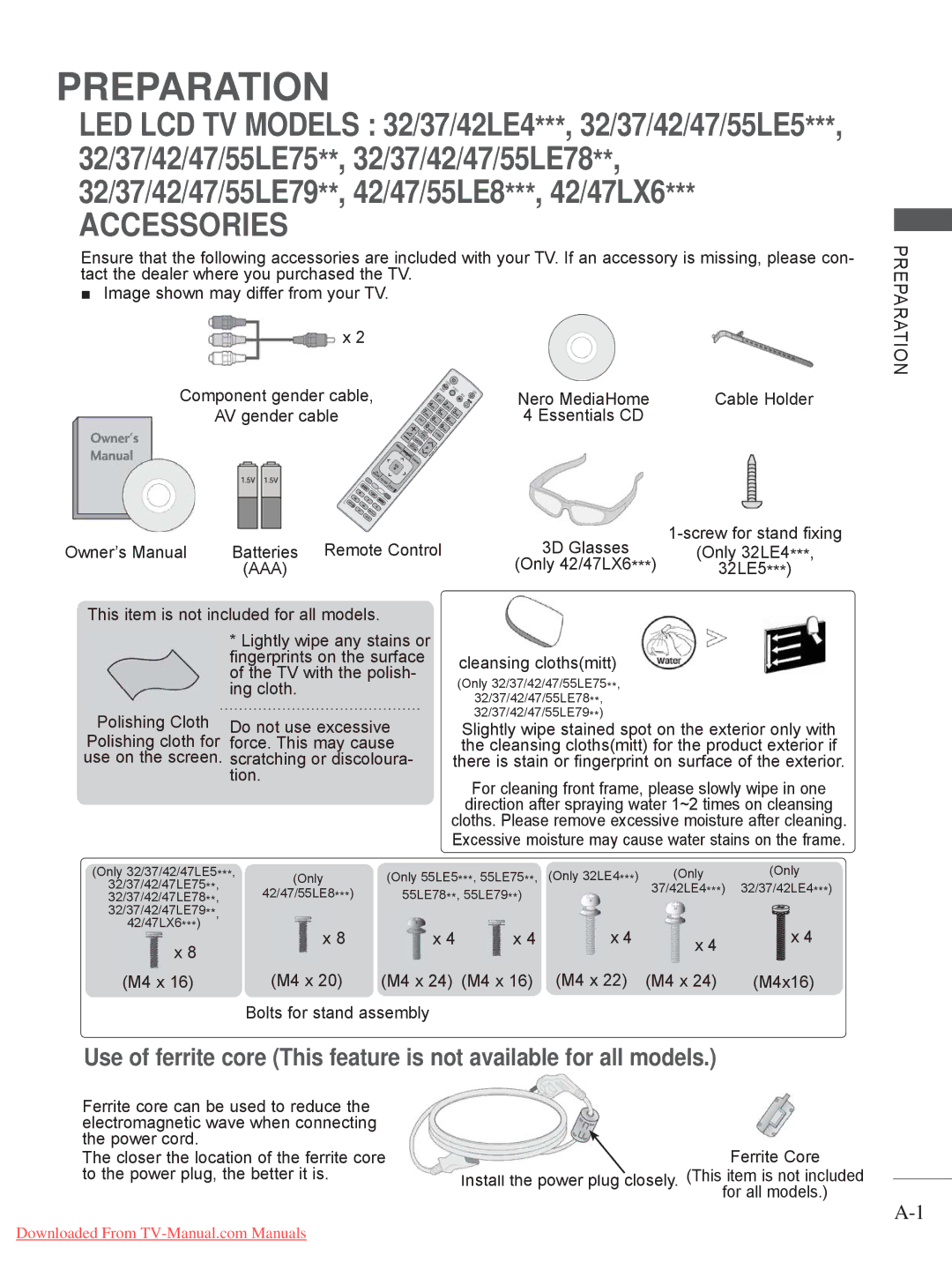 LG Electronics 32/37/42LD4 Accessories, Batteries Remote Control, This item is not included for all models Polishing Cloth 