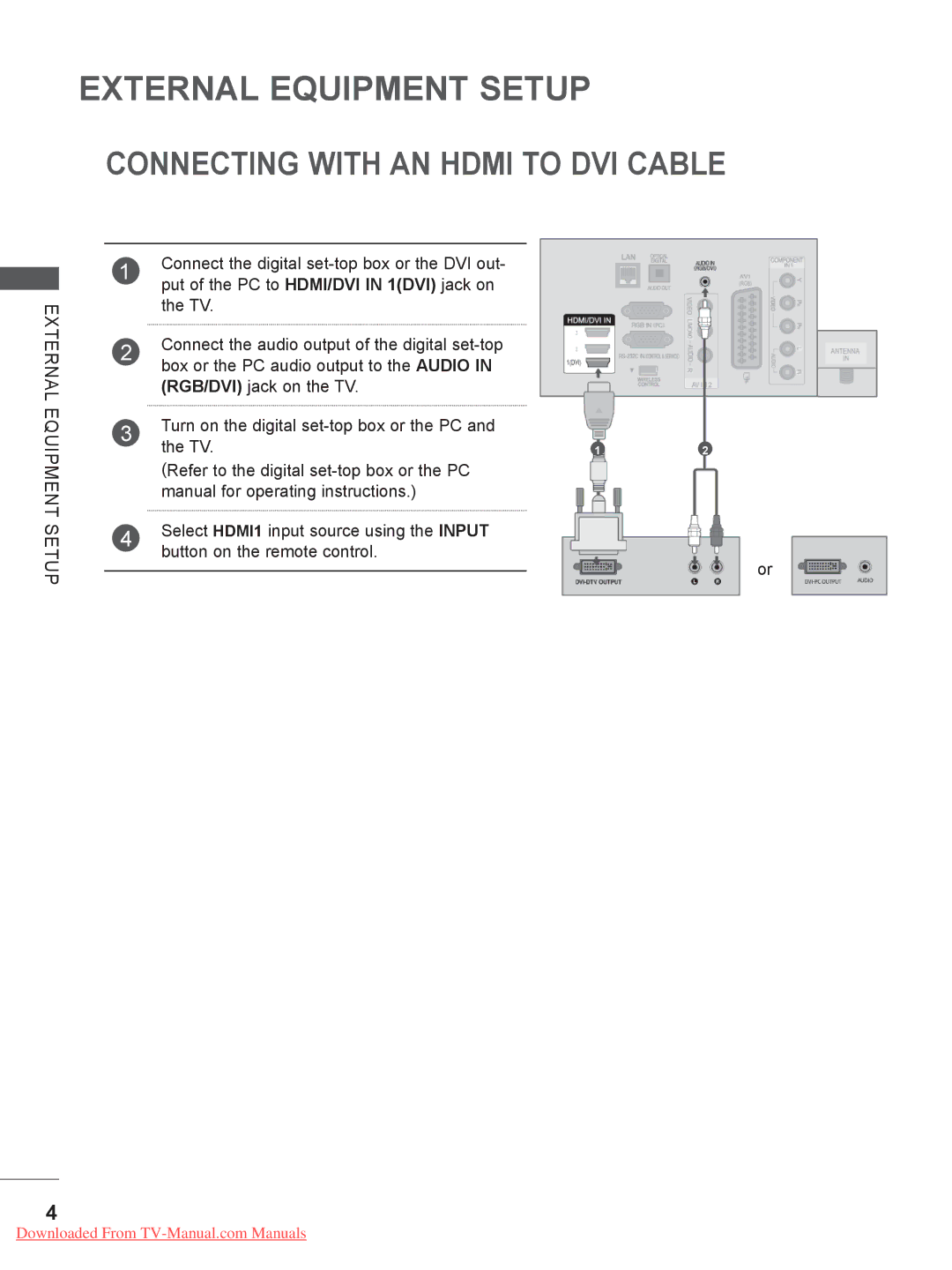 LG Electronics 32/37/42LE4***, 50/60PX9***, 42/47LX6***, 42/47LE73**, 42/47/55LE8*** Connecting with AN Hdmi to DVI Cable 