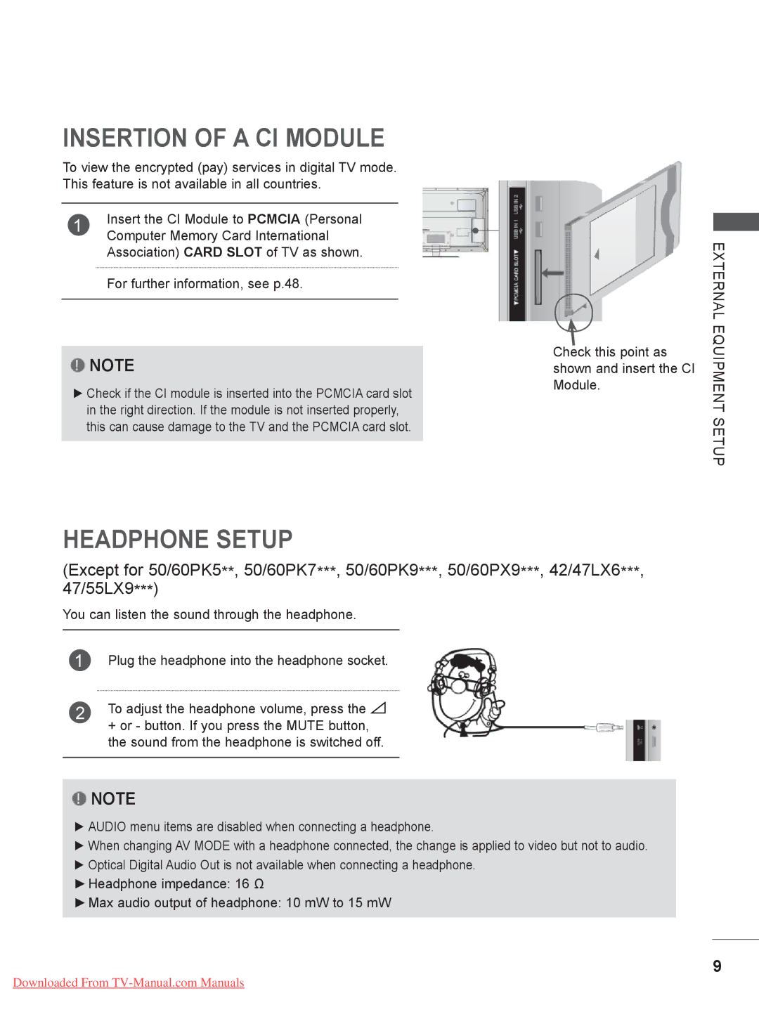 LG Electronics 32/37/42/47/55LE5*** Insertion of a CI Module, Headphone Setup, To adjust the headphone volume, press 