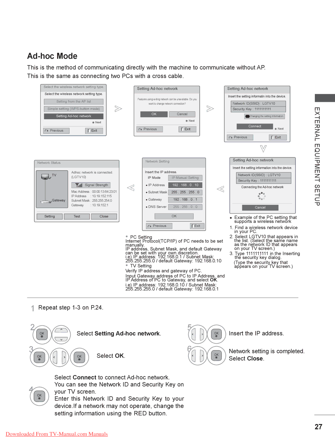 LG Electronics 32/37/42LD4***, 50/60PX9***, 42/47LX6*** Equipment Setup, Repeat -3 on P.24, Select Setting Ad-hoc network 