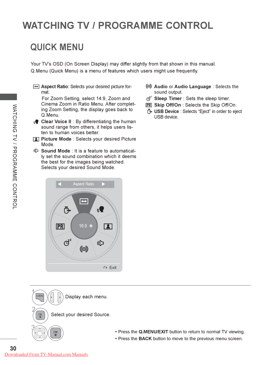 LG Electronics 32/37/42/47/55LE75**, 50/60PX9*** Quick Menu, Watching TV, Audio or Audio Language Selects the sound output 