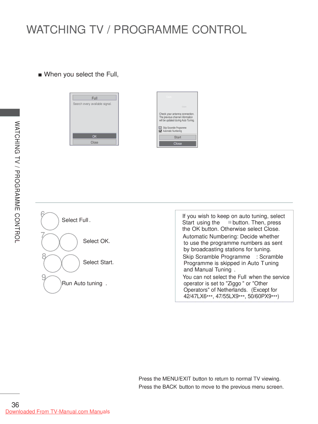 LG Electronics 50/60PK7***, 50/60PX9***, 42/47LX6, 42/47LE73 When you select the Full, Select Full Select OK Select Start 