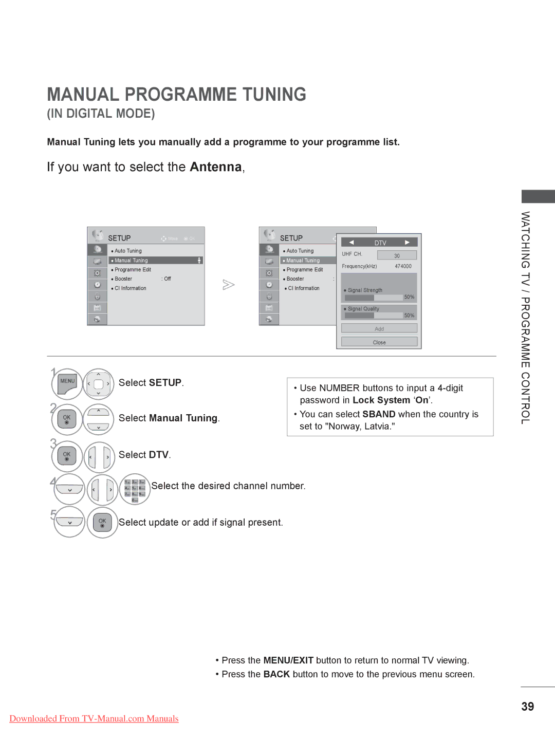 LG Electronics 50/60PK7, 50/60PX9***, 42/47LX6***, 42/47LE73**, 47/55LX9 Manual Programme Tuning, Select Manual Tuning 