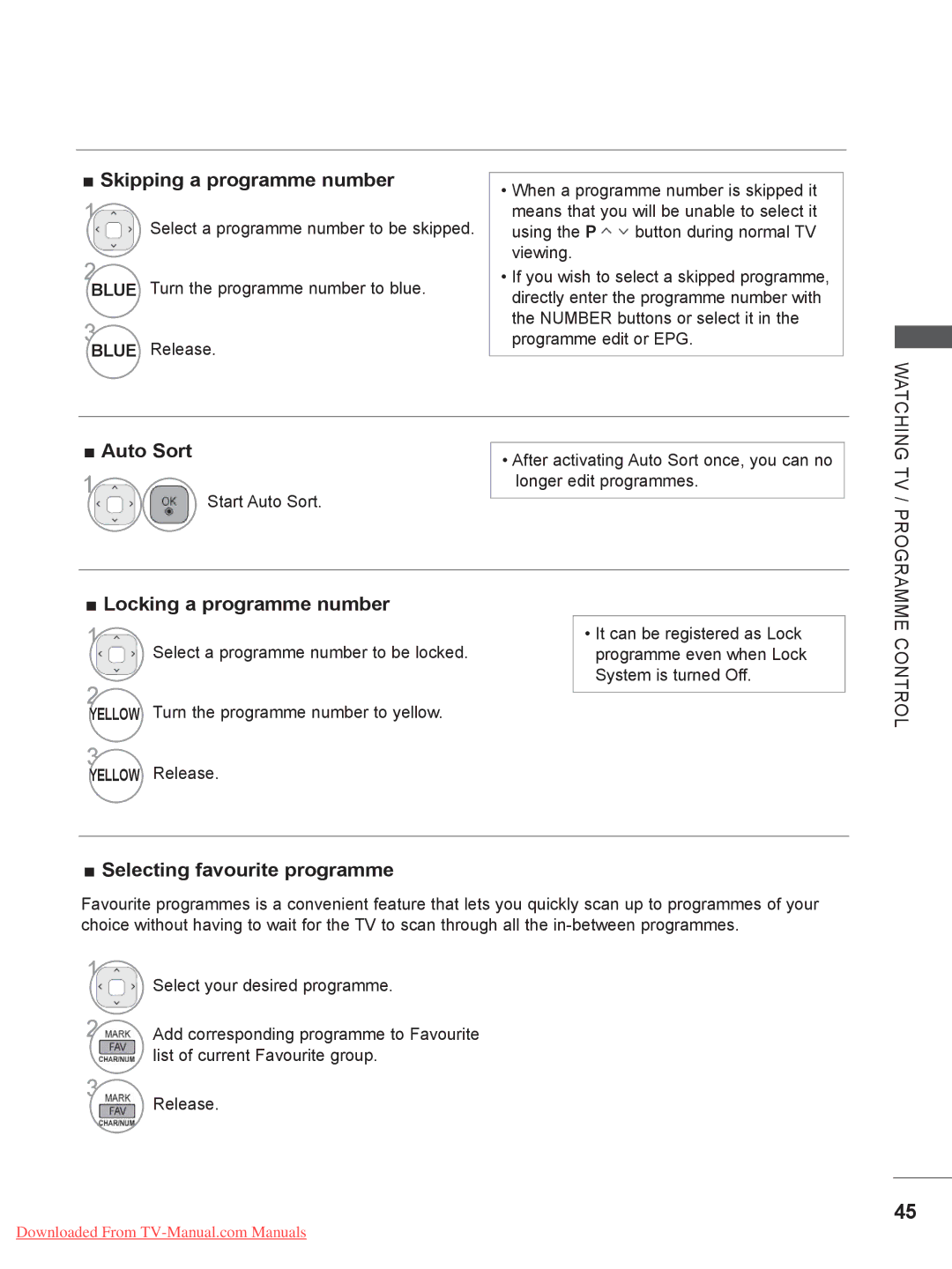 LG Electronics 42/47/55LE8, 50/60PK7, 50/60PX9***, 42/47LX6***, 42/47LE73** Auto Sort, Selecting favourite programme 