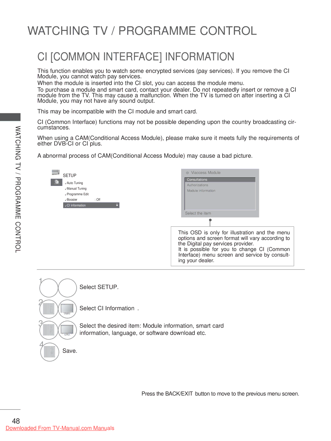 LG Electronics 32/42/47LD7***, 50/60PX9, 50/60PK7 CI Common Interface Information, Programme, Select CI Information 