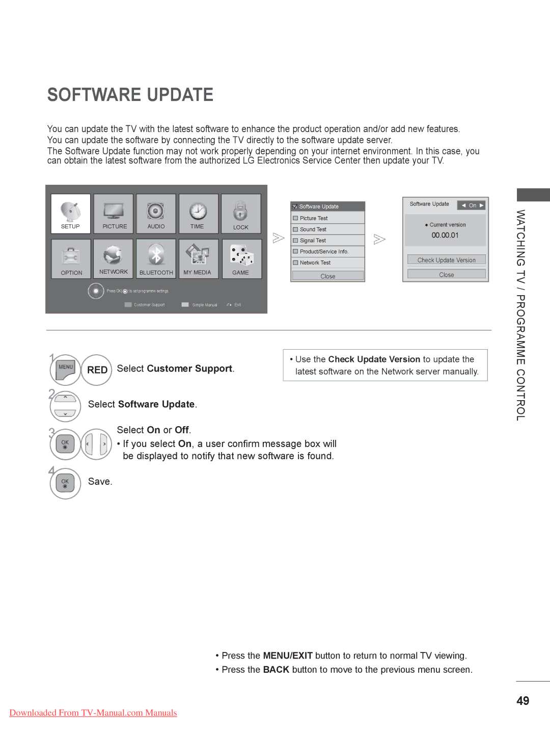 LG Electronics 32/37/42LD4, 50/60PK7, 50/60PX9***, 42/47LX6, 42/47LE73 Select Customer Support, Select Software Update 