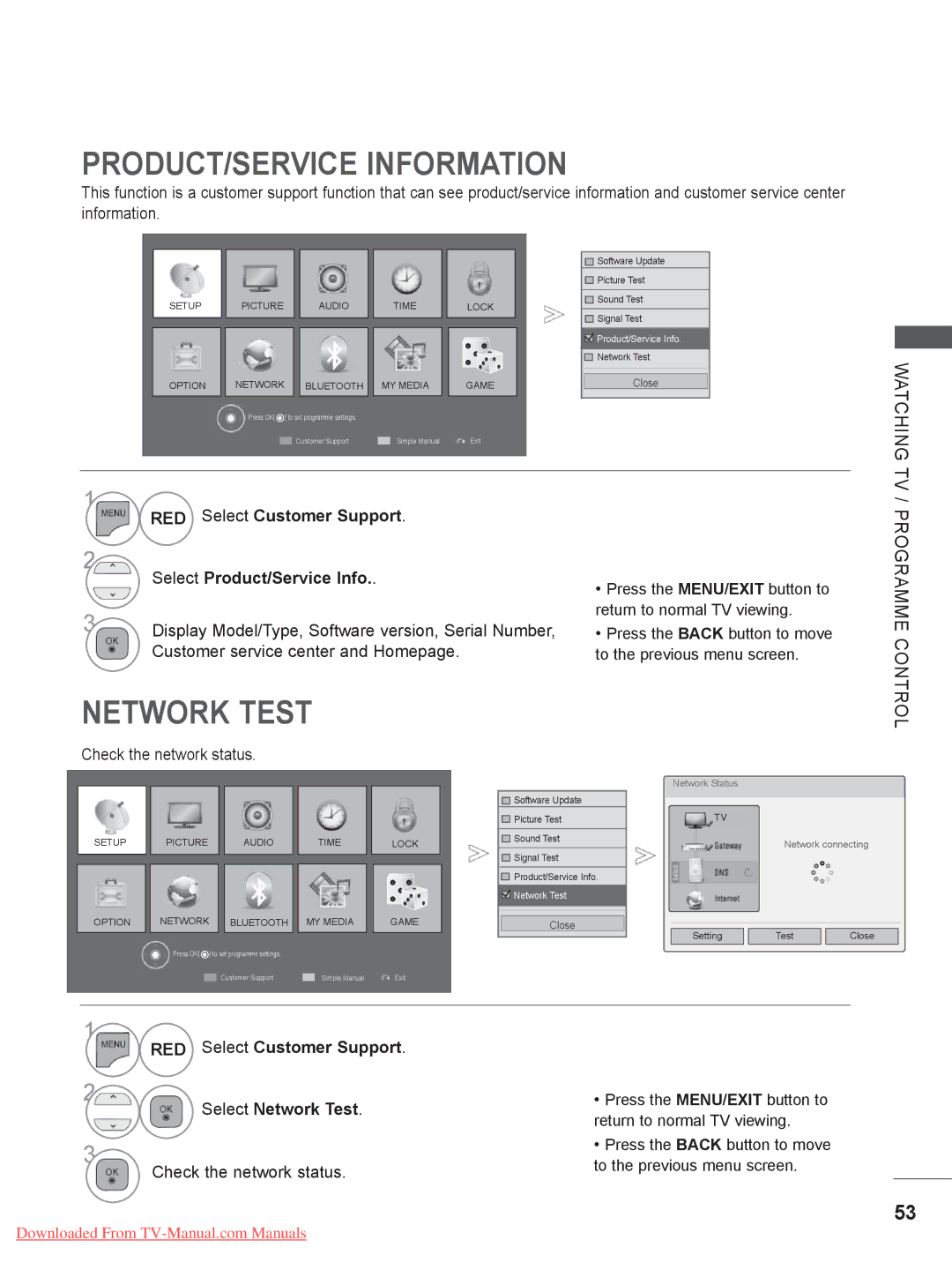 LG Electronics 32/37/42/47/55LE5, 50/60PX9, 50/60PK7 PRODUCT/SERVICE Information, Network Test, Check the network status 