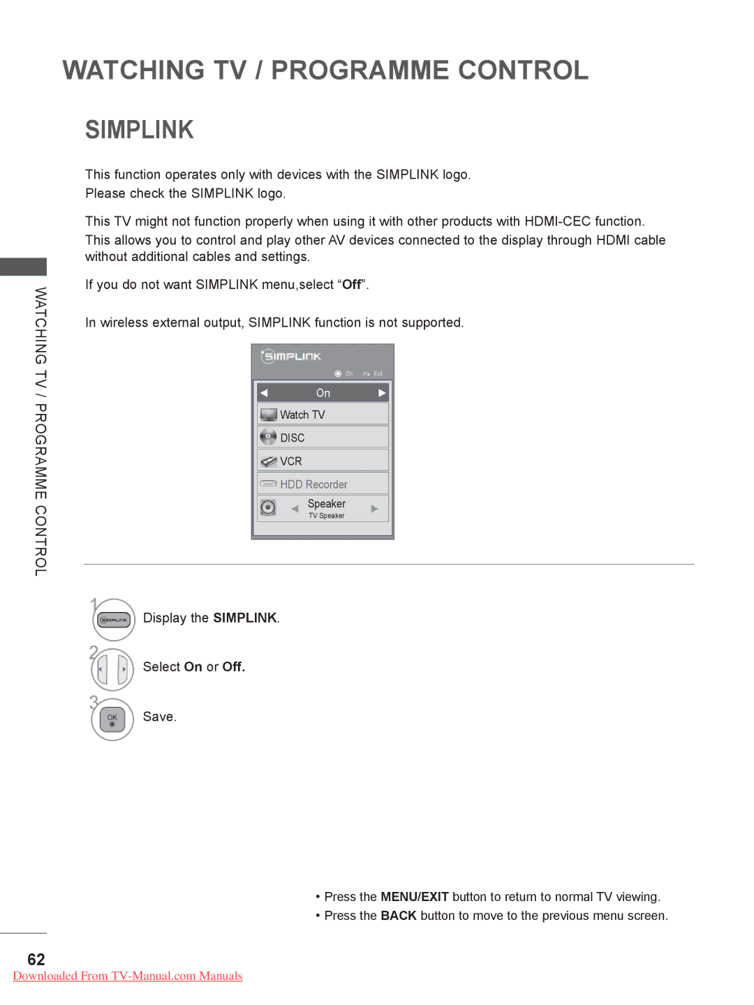 LG Electronics 32/37/42/47/55LE5***, 50/60PK7, 50/60PX9***, 42/47LX6 Display the Simplink Select On or Off Save 