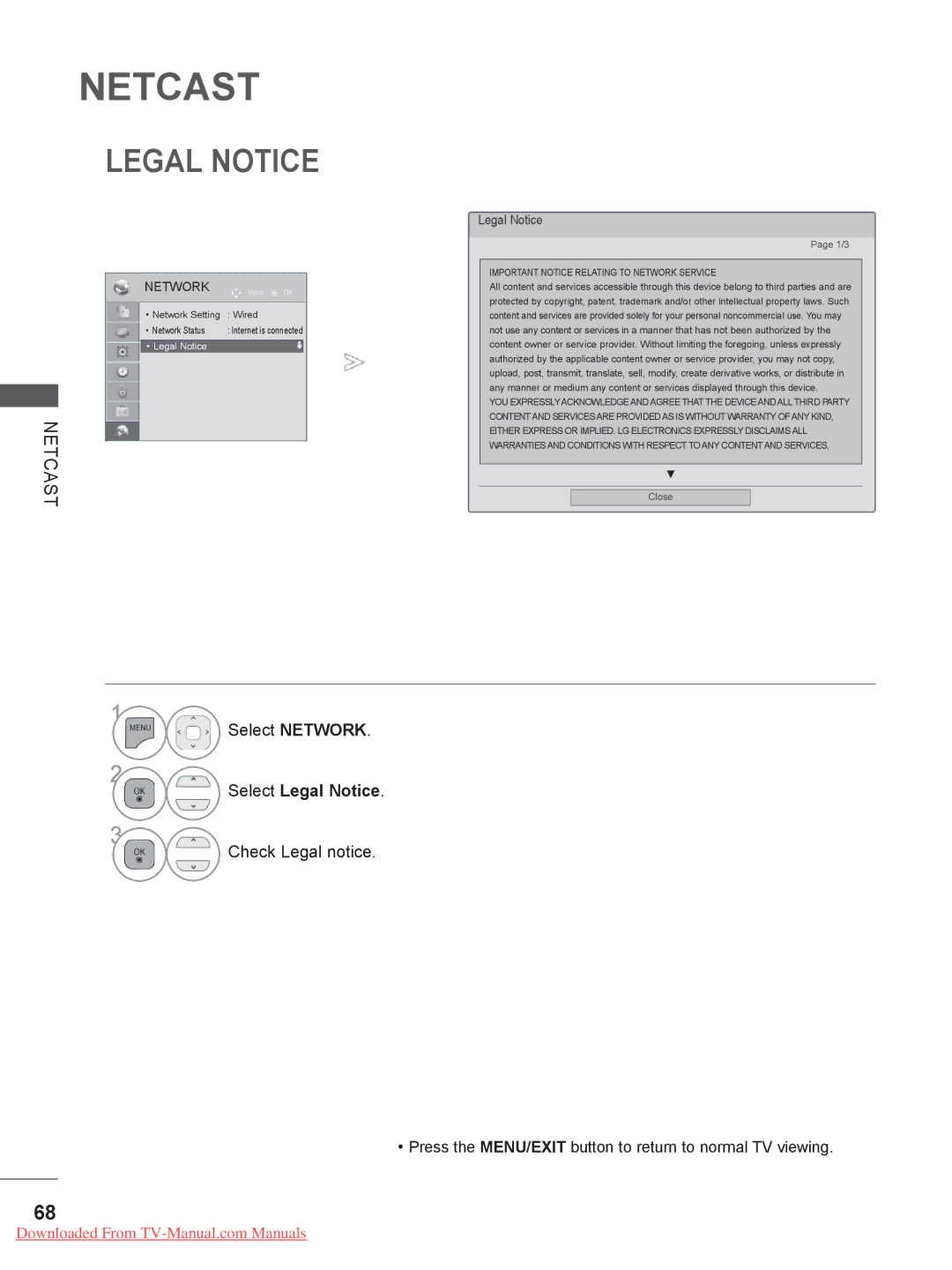 LG Electronics 50/60PK5**, 50/60PK7, 50/60PX9***, 42/47LX6, 42/47LE73 Netcast, Select Legal Notice, Check Legal notice 