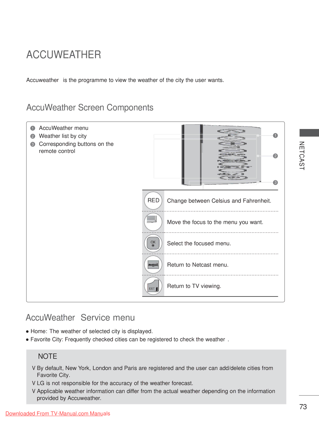 LG Electronics 50/60PK7, 50/60PX9***, 42/47LX6***, 42/47LE73** Accuweather, AccuWeather menu, Weather list by city 