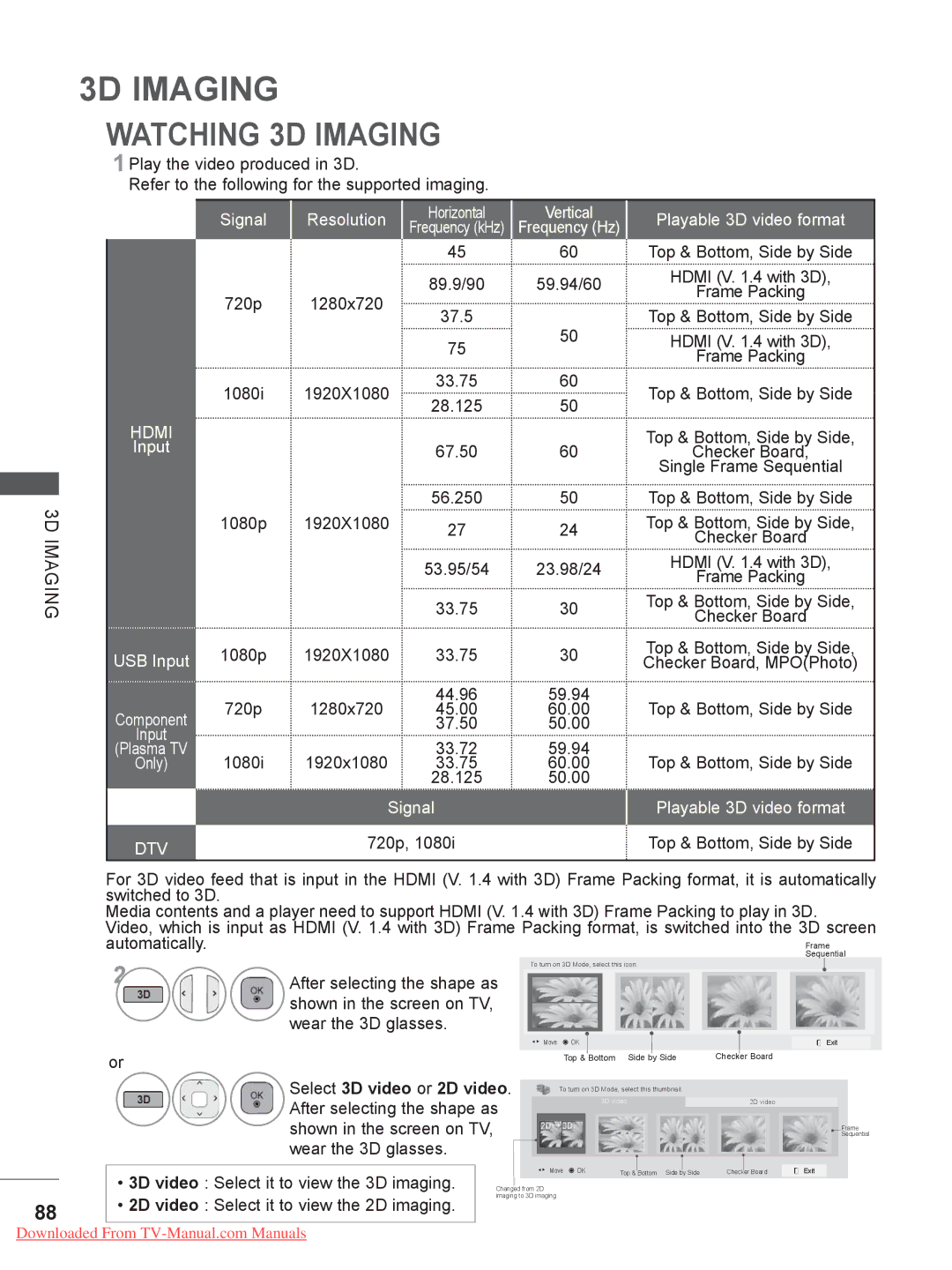 LG Electronics 32/37/42/47/55LE78**, 50/60PK7, 50/60PX9***, 42/47LX6 Watching 3D Imaging, Select 3D video or 2D video 