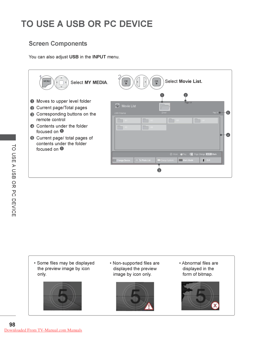 LG Electronics 32/37/42/47/55LE75 Screen Components, You can also adjust USB in the Input menu, To USE a, USB or PC Device 